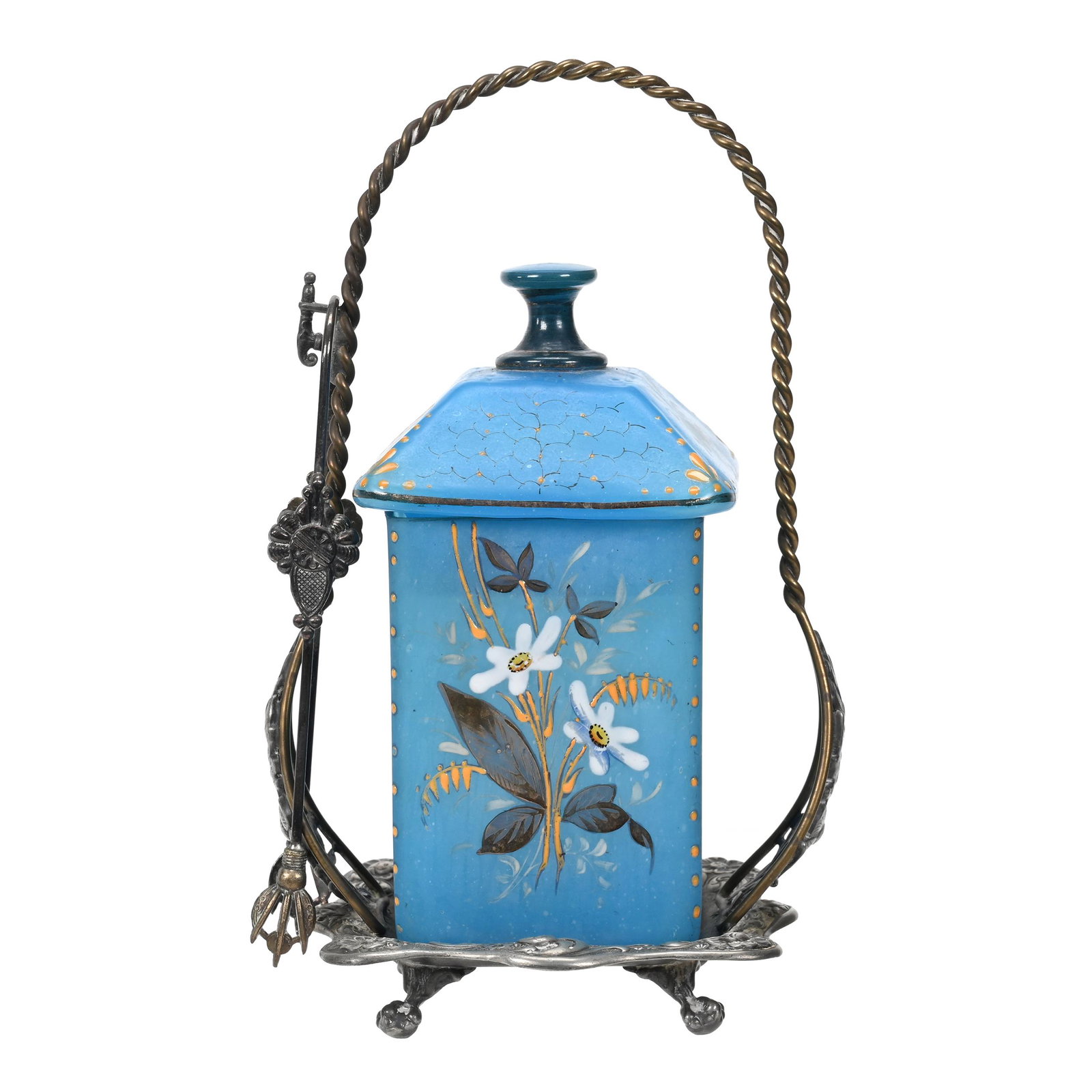 Victorian Pickle Castor, Blue Opaque Art Glass Insert: Victorian Pickle Castor, Blue Opaque Art Glass Insert, 9.75" x 6", Glass Lid, Enamel Floral Decor, Set On Wilcox #6516 Silverplate Frame, Lid Has A Chip And Crack Which Are Hidden When In Place, India
