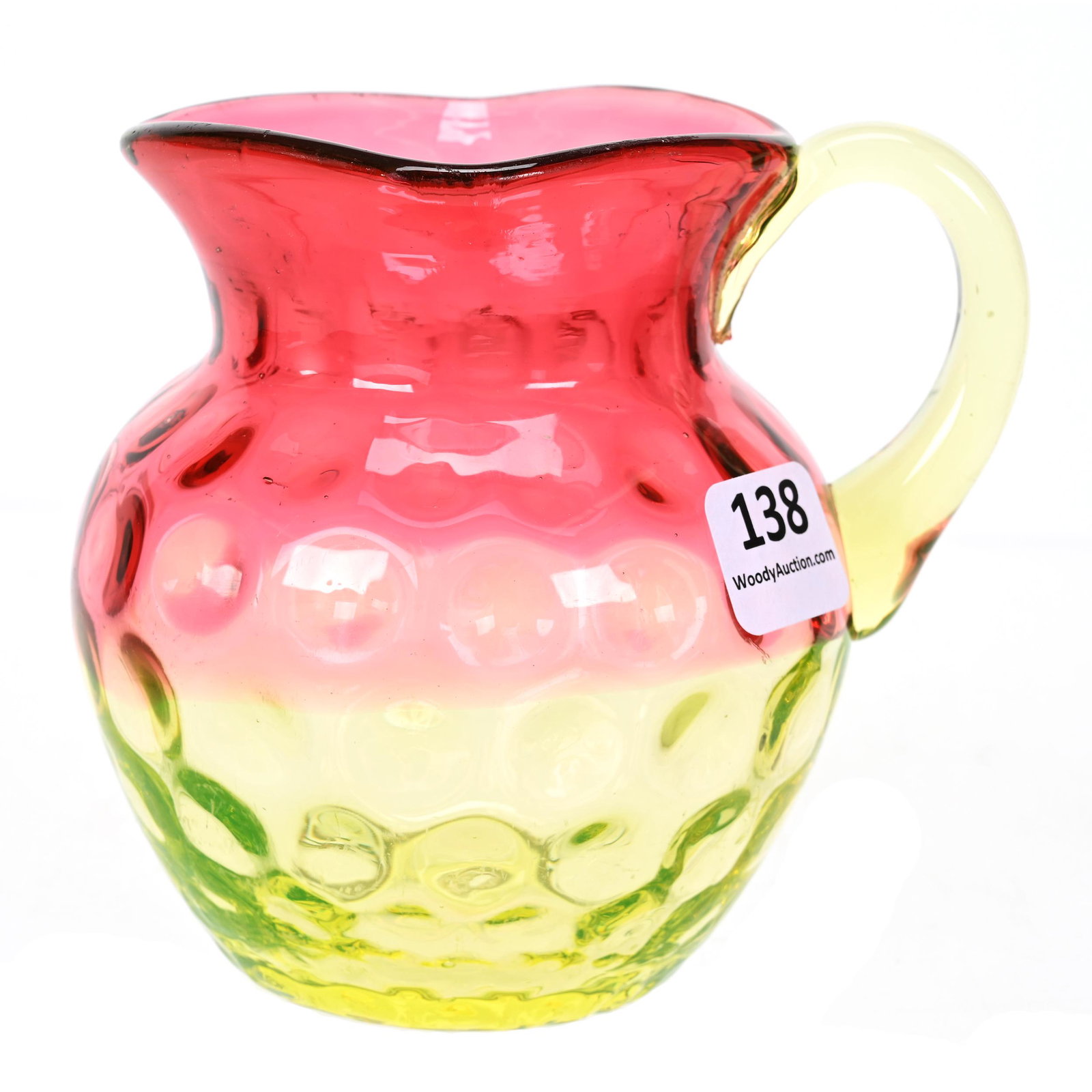 Pitcher, Rubina Verde Coinspot Art Glass: Pitcher, Rubina Verde Coinspot Art Glass, 4" x 4", Square Rim, Vaseline Applied Handle, Highly Reactive Under Black Light, Sue Frick Collection
