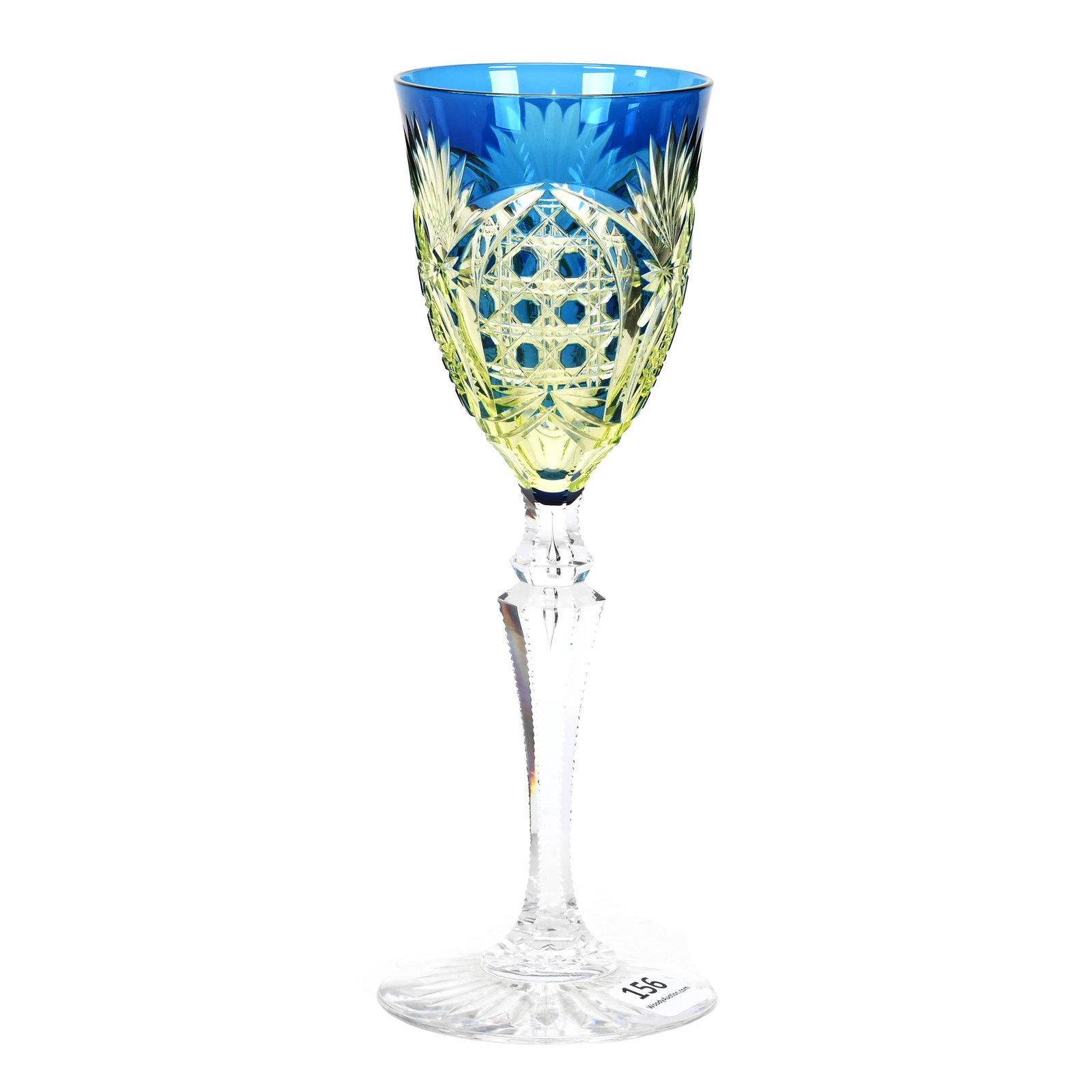 Wine Stem, BPCG, Blue Cut To Vaseline: Wine Stem, BPCG, Blue Cut To Vaseline, 8.5" x 3", Richepin Pattern By Val St. Lambert, Circa 1920, Clear Teardrop Stem, Ray Cut Foot, Personal Collection