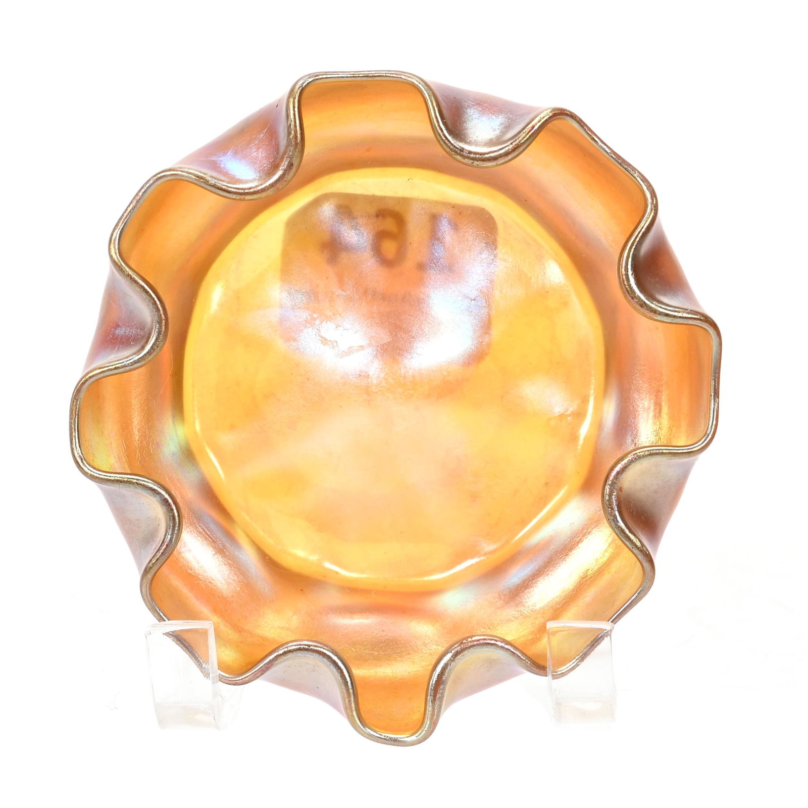 Salt Cellar Signed LCT Art Glass: Salt Cellar Signed LCT Art Glass, 1" x 2.75", Gold Iridescence, Ruffled Rim, Indiana Private Collection