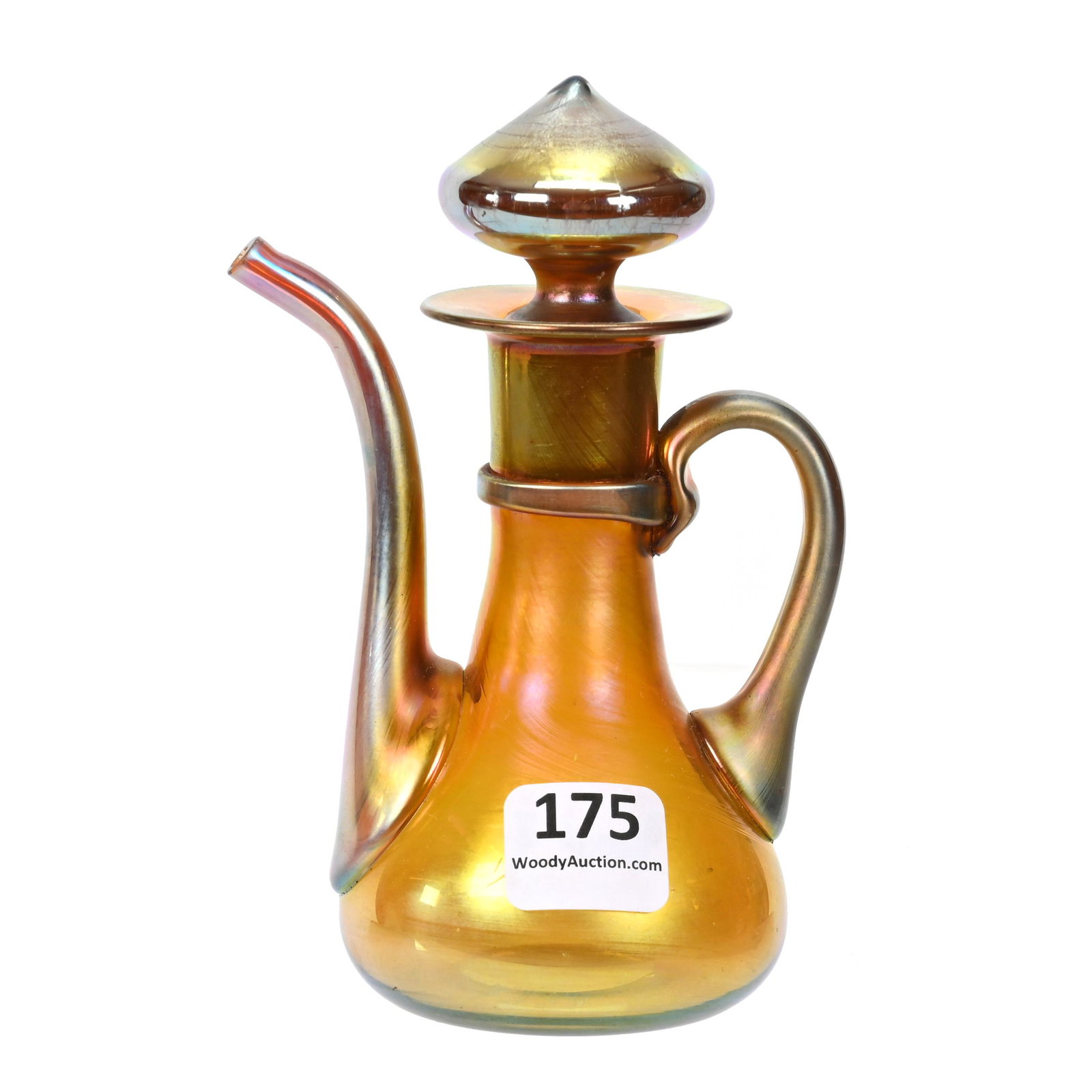 Cruet Marked Steuben Aurene #2720 Art Glass: Cruet Marked Steuben Aurene #2720 Art Glass, 5" x 3.25", Beautiful Gold Iridescence, S-Shaped Spout, Original Stopper, Highest Quality, Doyle & Mary Jane Fair Collection