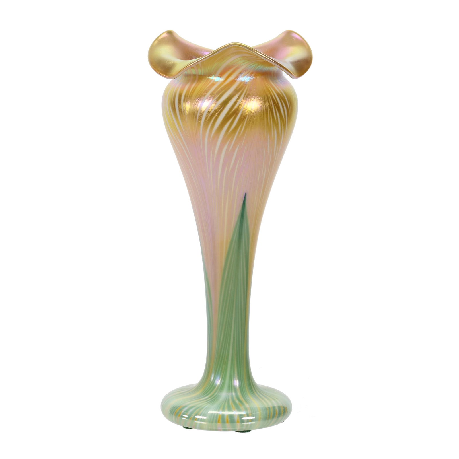 Vase Signed Quezal P613 Art Glass: Vase Signed Quezal P613 Art Glass, 9.25" x 3.25", Fantastic Gold And Green Pulled Feather Design Trefoil Rim, Sue Frick Collection