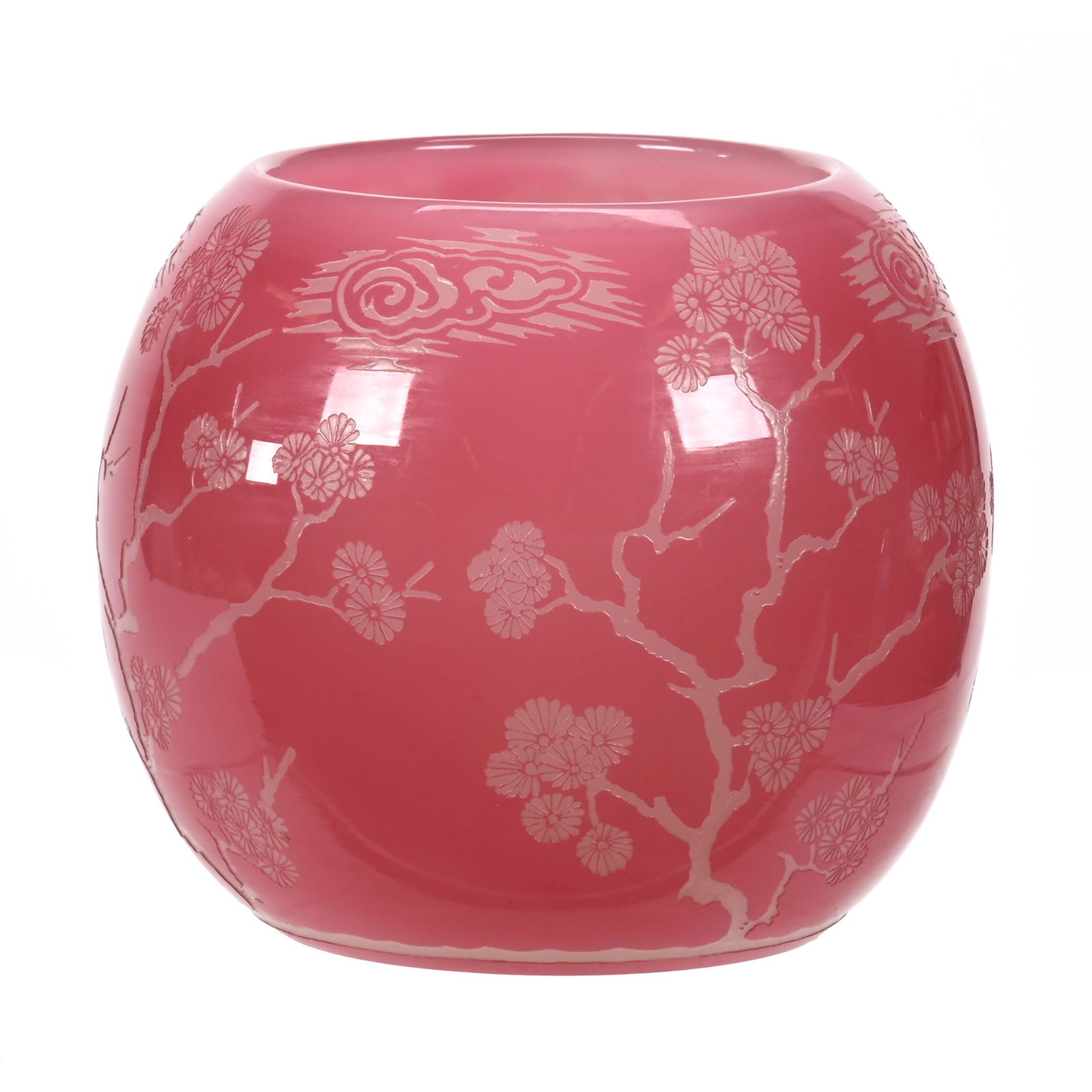 Rose Bowl, Pink Opaline Cameo Carved Art Glass: Rose Bowl, Pink Opaline Cameo Carved Art Glass, 6.75" x 7.75", Steuben, Matzu Pattern, Ming Tree Decor, Polished Pontil Base, Beautiful Color, Sue Frick Collection. UPDATED 4-19-22: Corrected Maker An