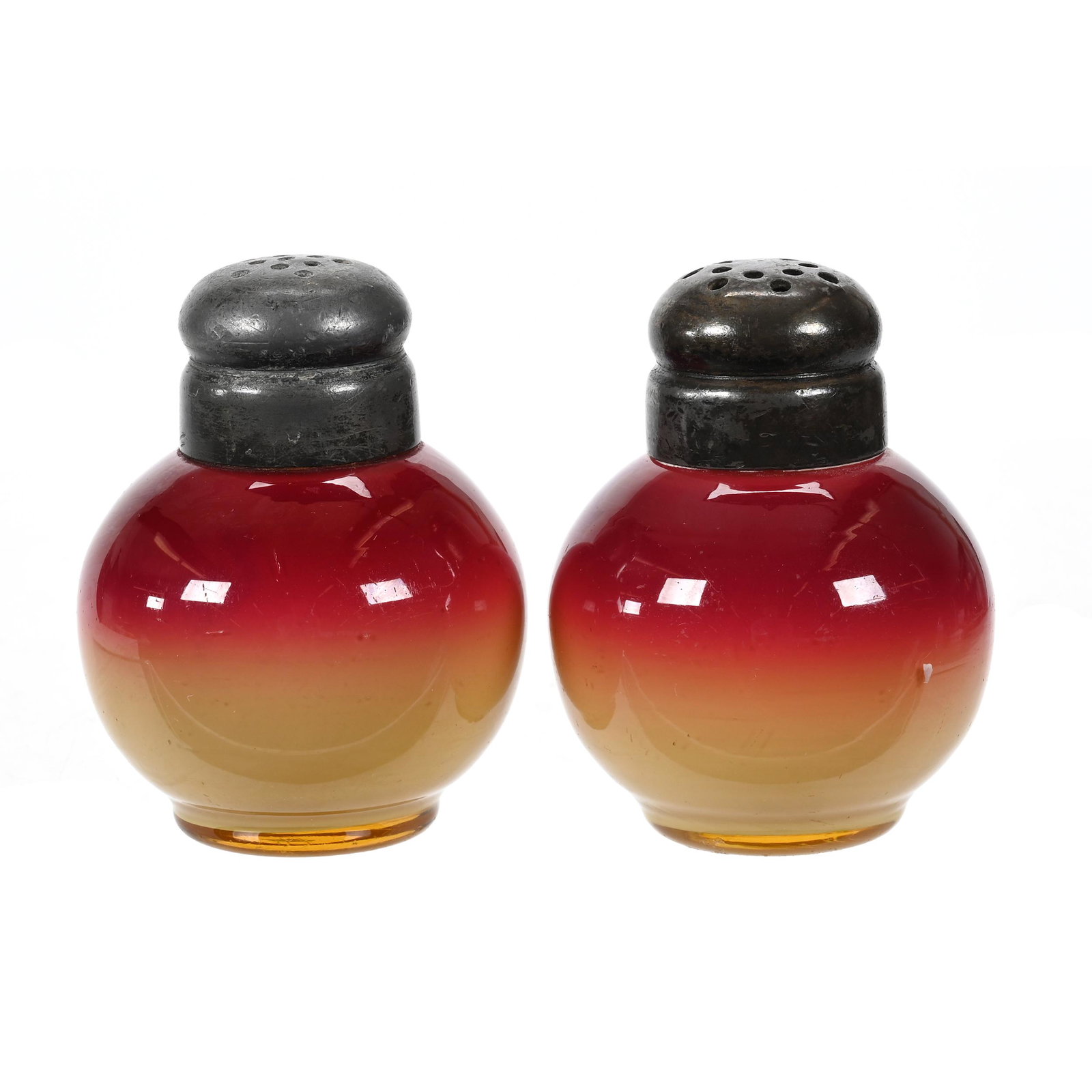 Salt & Pepper Set, Wheeling Peachblow Art Glass: Salt & Pepper Set, Wheeling Peachblow Art Glass, 2.5" x 2", Glossy Finish, Polished Pontil Base, Indiana Private Collection