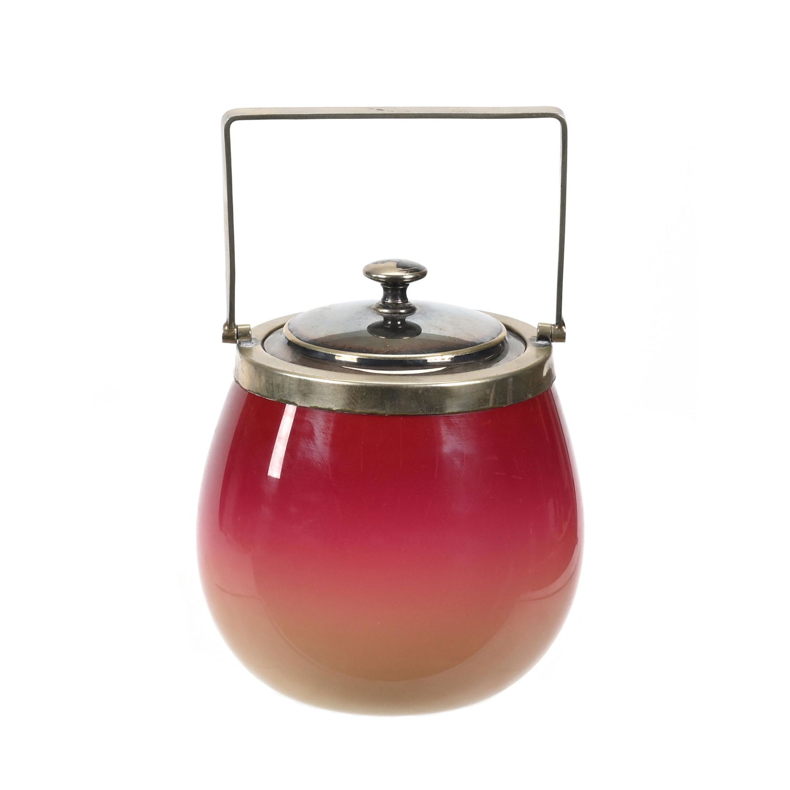 Biscuit Jar, Wheeling Peachblow Art Glass: Biscuit Jar, Wheeling Peachblow Art Glass, 5.75" x 4.75", Glossy Finish, Silverplate Lid And Bail, Indiana Private Collection