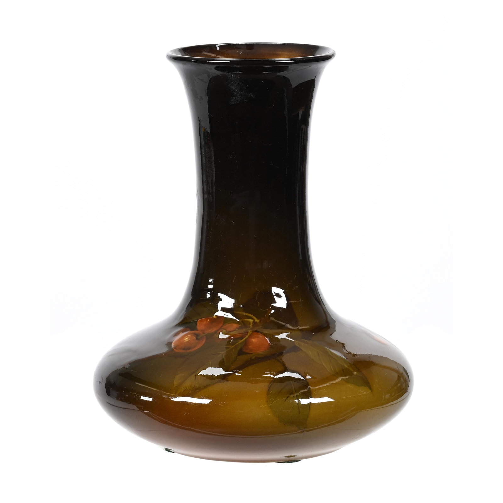 Vase Marked Rookwood #670C Art Pottery: Vase Marked Rookwood #670C Art Pottery, 8.75" x 6.75", Dated 1897, Green And Brown Tones, Cherry Branch Decor, Artist Mark OGR (Olga Geneva Reed), Warren Taylor Collection, Kansas