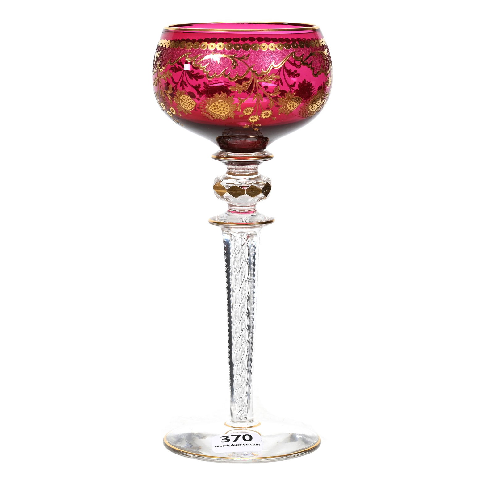 Wine Stem, Possibly Baccarat Or St. Louis Art Glass: Wine Stem, Possibly Baccarat Or St. Louis Art Glass, 7.5" x 3", Cranberry Bowl With Acid Cut Floral Design And Gold Highlights, Air Twist Stem, Kentucky Personal Collection