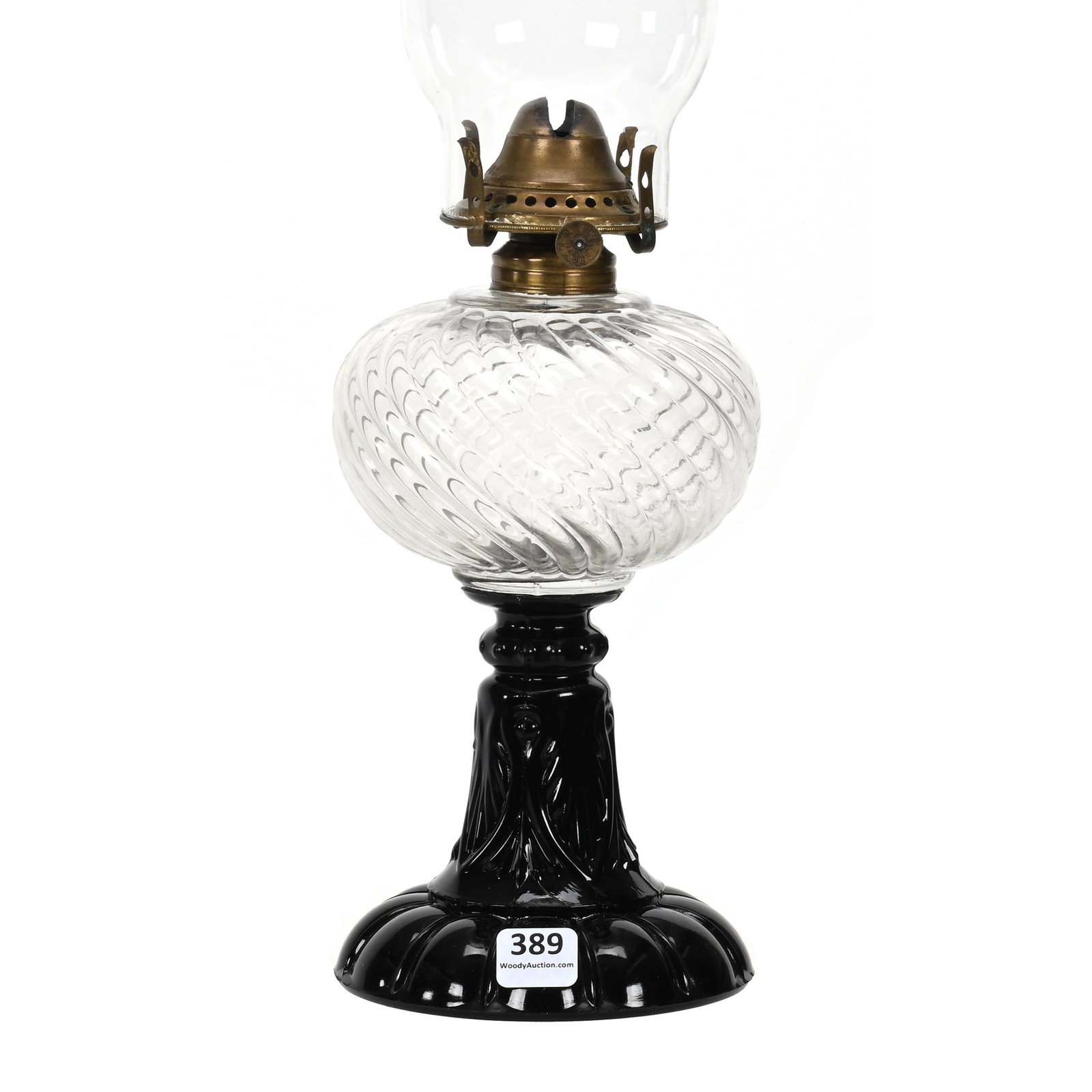 Kerosene Lamp, Clear Font, Black Amethyst Base: Kerosene Lamp, Clear Font, Black Amethyst Base, 9.5" x 4.5", Font Is Swirl Mold, Base In Leaf Mold, Total Height With Chimney Is 16.5", Sue Frick Collection