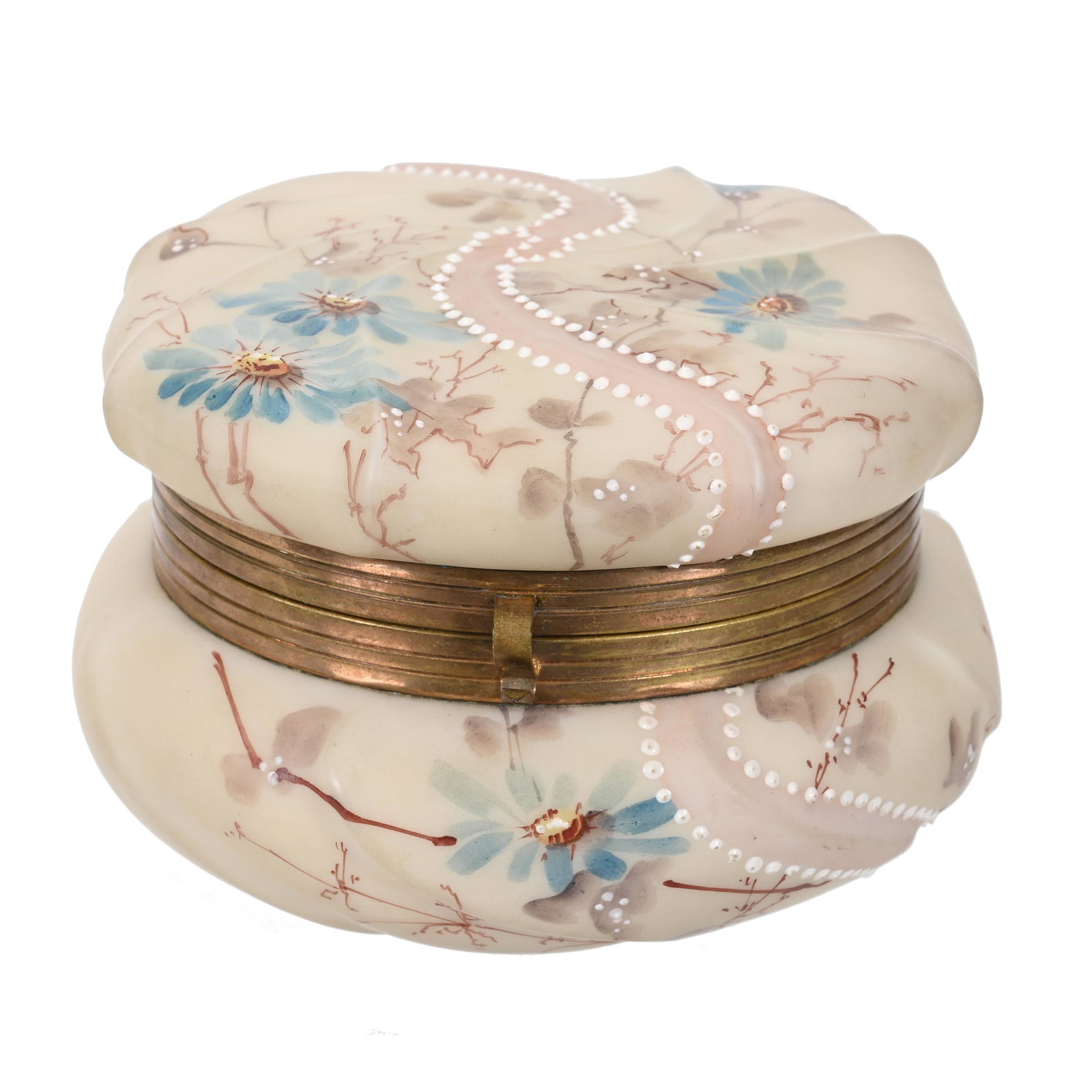 Jewel Box, Unmarked Wave Crest: Jewel Box, Unmarked Wave Crest, 3.5" x 5.5", Swirl Mold, Cream Tones With Pink Ribbon Design, Blue Floral Decor, Original Lining, Bob Gollmar Estate.