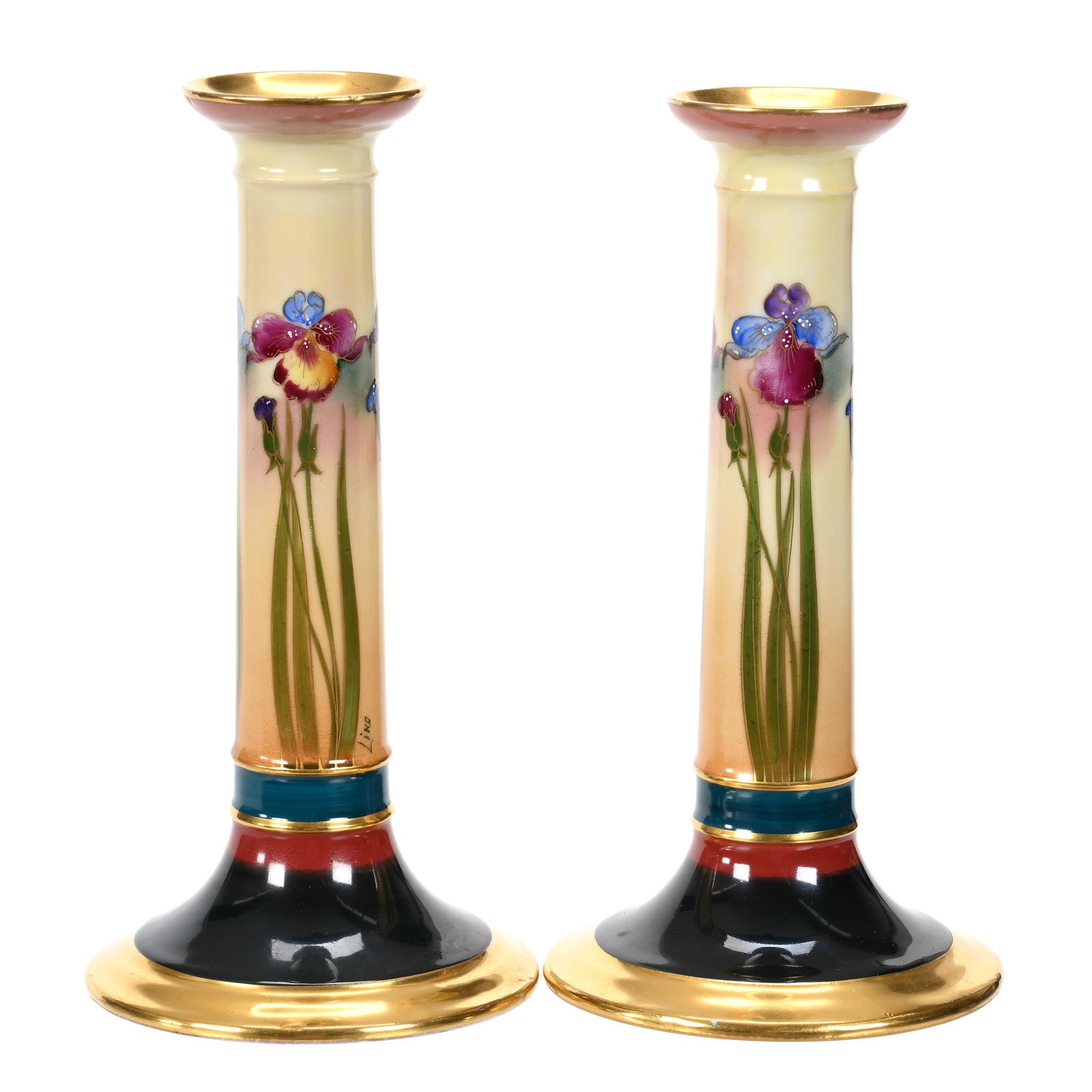Pair Candlesticks Marked Pickard, Conventional Iris (1 of 4)