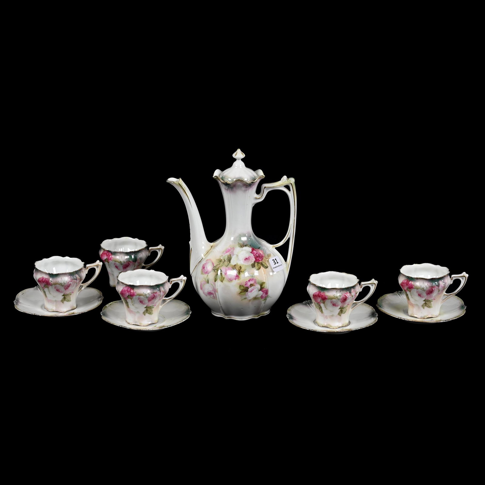 Demitasse Set Marked RSP, Luster Finish, Rose Decor: Demitasse Set Marked RSP, Luster Finish, Rose Decor, Demitasse Pot Measures 8" X 6" With (4) Matching 2.25" X 4.25" Cups & Saucers (One Extra Cup)., Kentucky Private Collection.