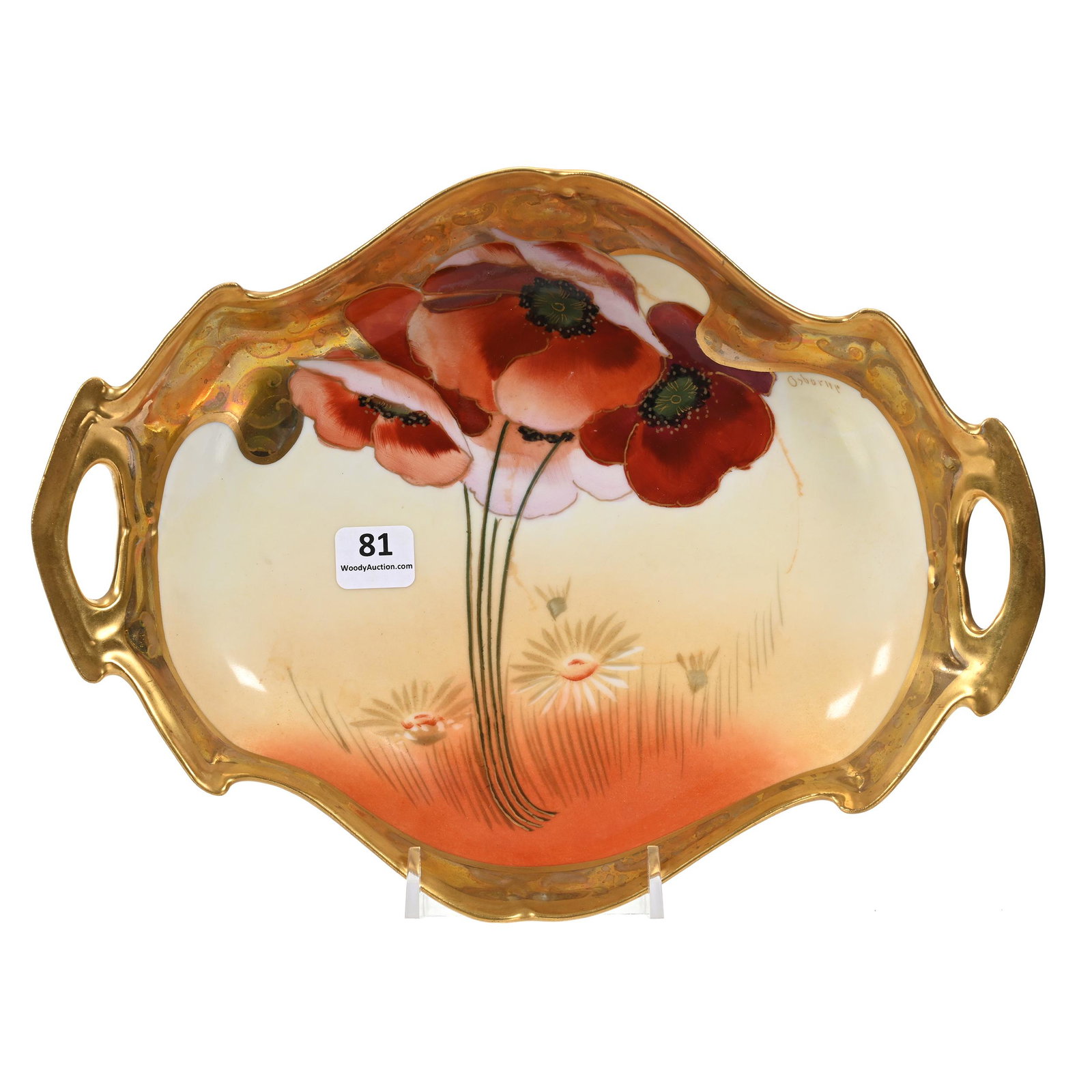 Bowl, Unmarked Pickard, Poppy And Daisy Pattern: Bowl, Unmarked Pickard, Poppy And Daisy Pattern, 11" x 8", Handles, Iridescent Gold Border, Artist Signed Osborne, Alan B. Reed Estate, Author Of Collector's Encyclopedia Of Pickard China.