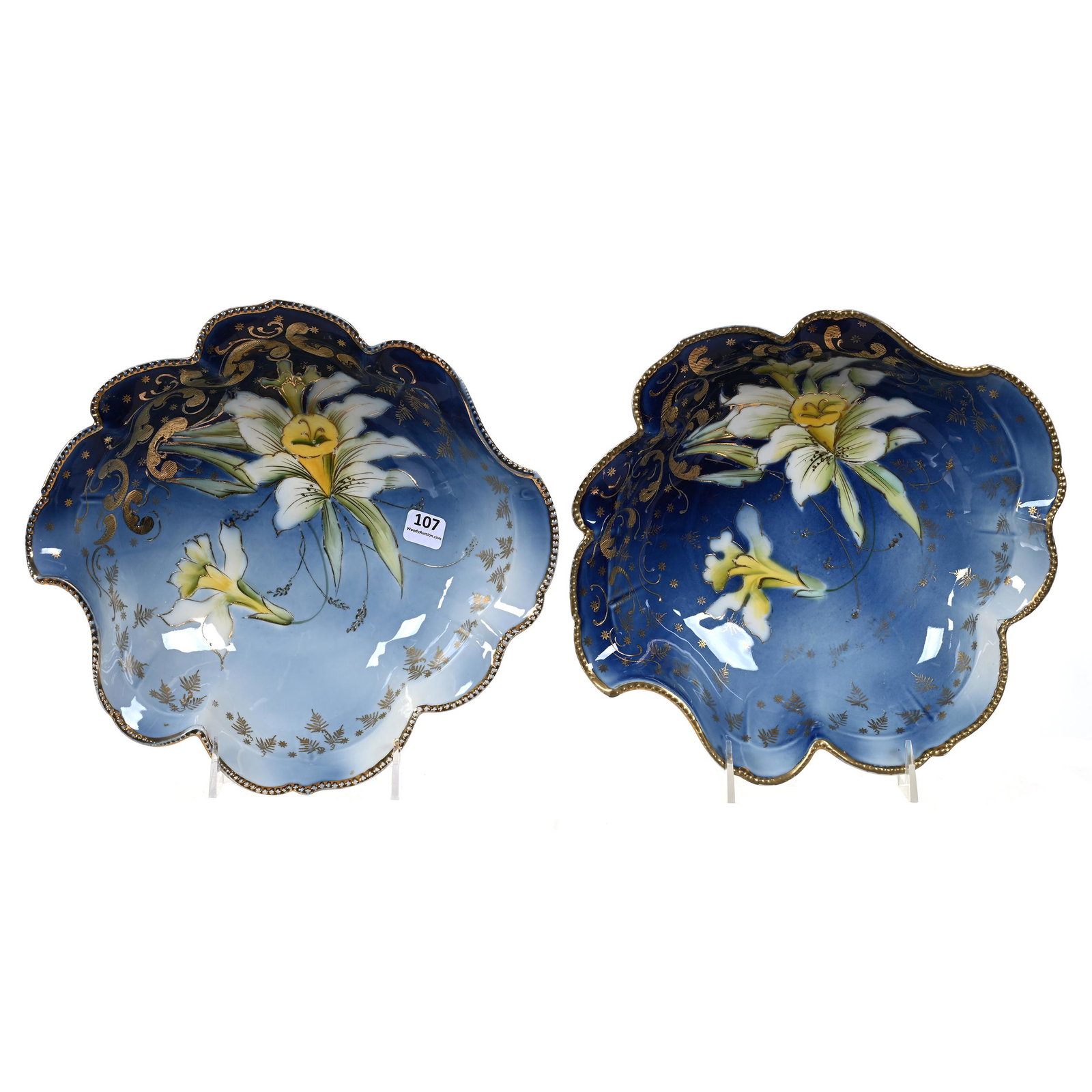 2 Bowls, R.S. Prussia, Cobalt Blue: 2 Bowls, R.S. Prussia, 10.75", (1) Unmarked R.S. Prussia, Unique Mold, Cobalt Blue With Daffodil Decor, (1) Marked Saxe Altenburg, Unique Mold, Cobalt Blue With Daffodil Decor, Bob Gollmar Estate.
