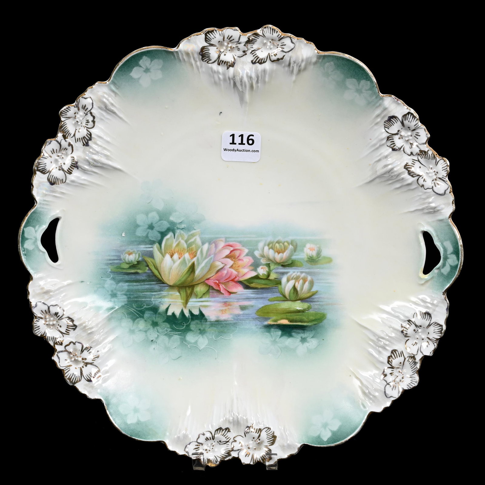 Cake Plate Marked R.S. Prussia: Cake Plate Marked R.S. Prussia, 9.75", Icicle Mold, Cream And Green Tones, Waterlily Decor, Bob Gollmar Estate.