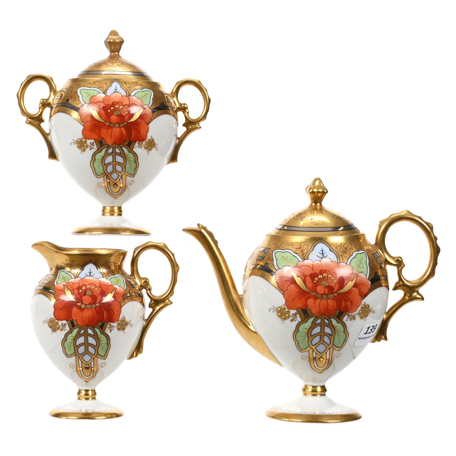 Pedestal Tea Set Marked Pickard, Dahlia Rubra (1 of 4)