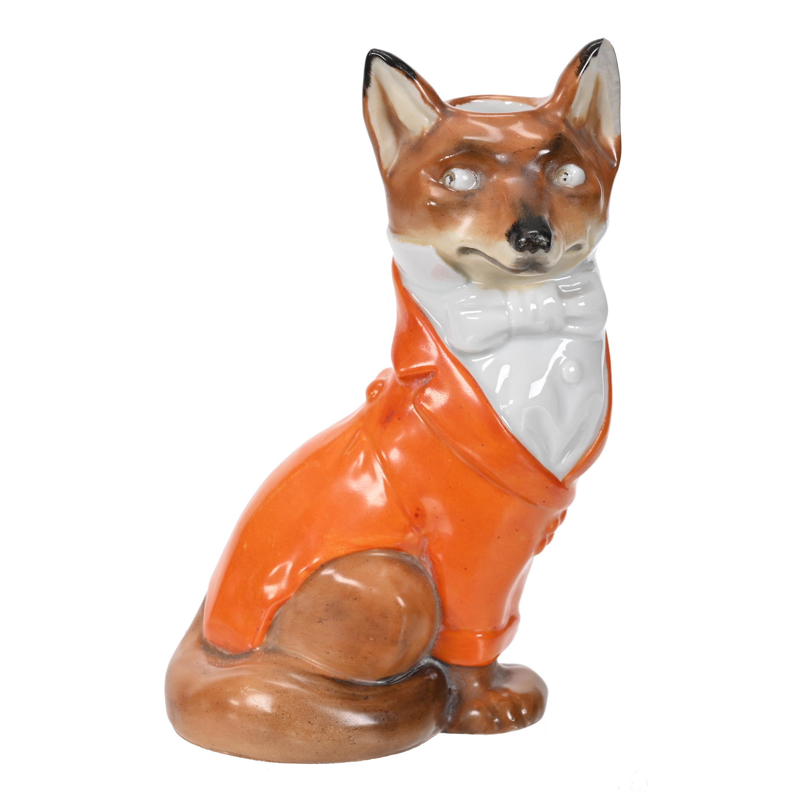 Candlestick Holder, Unmarked Royal Bayreuth: Candlestick Holder, Unmarked Royal Bayreuth, 6.25" x 4", Fox, Looking Over Right Shoulder, Chipped Ear, Bob Gollmar Estate.