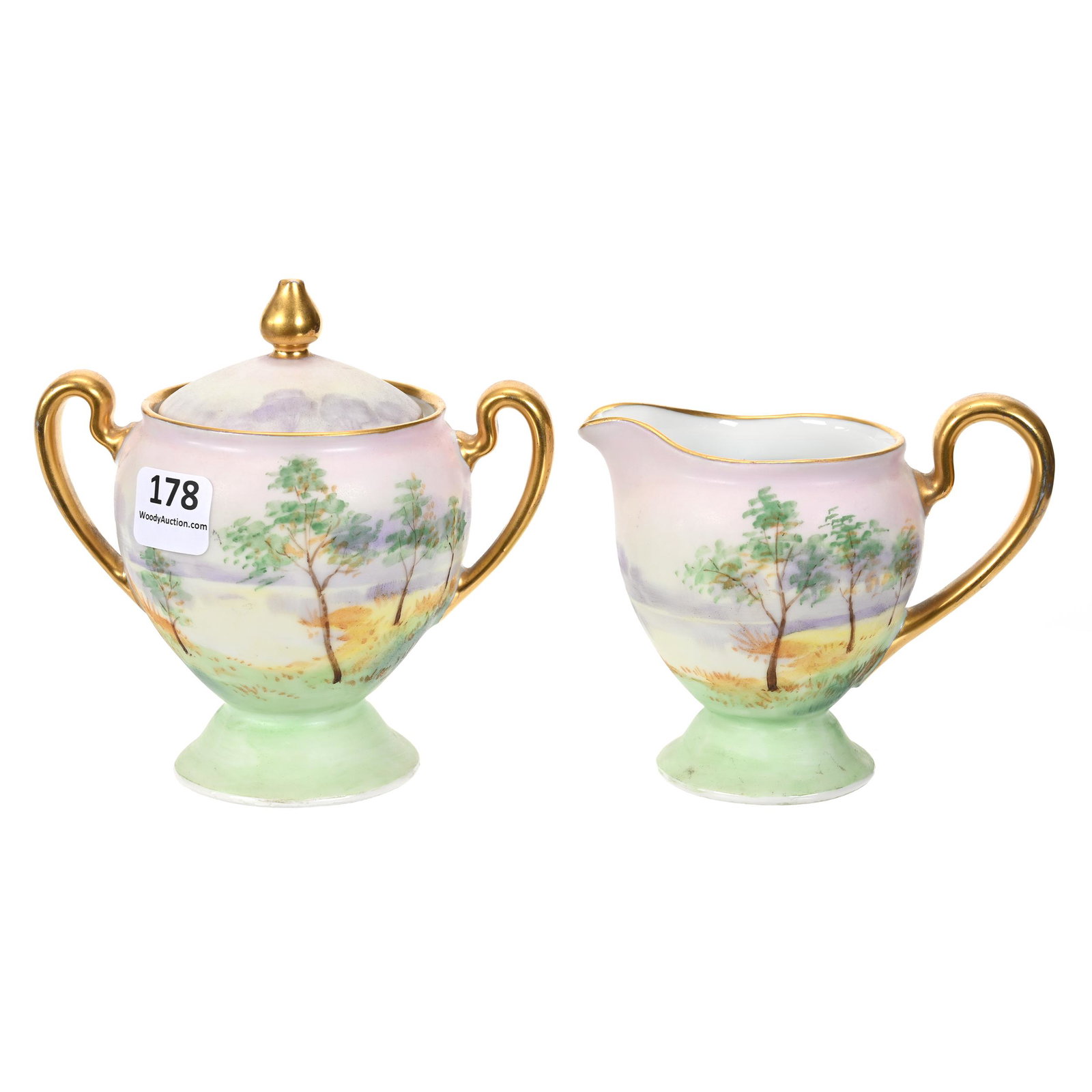 Pedestal Creamer & Sugar Marked Stouffer: Pedestal Creamer & Sugar Marked Stouffer, 4.5" x 4.75", Vellum Lavender Lagoon Scenic Decor, Exactly As Featured In Pickard Book By Reed, Page 295, No Artist Mark Visible, Alan B. Reed Estate, Author 