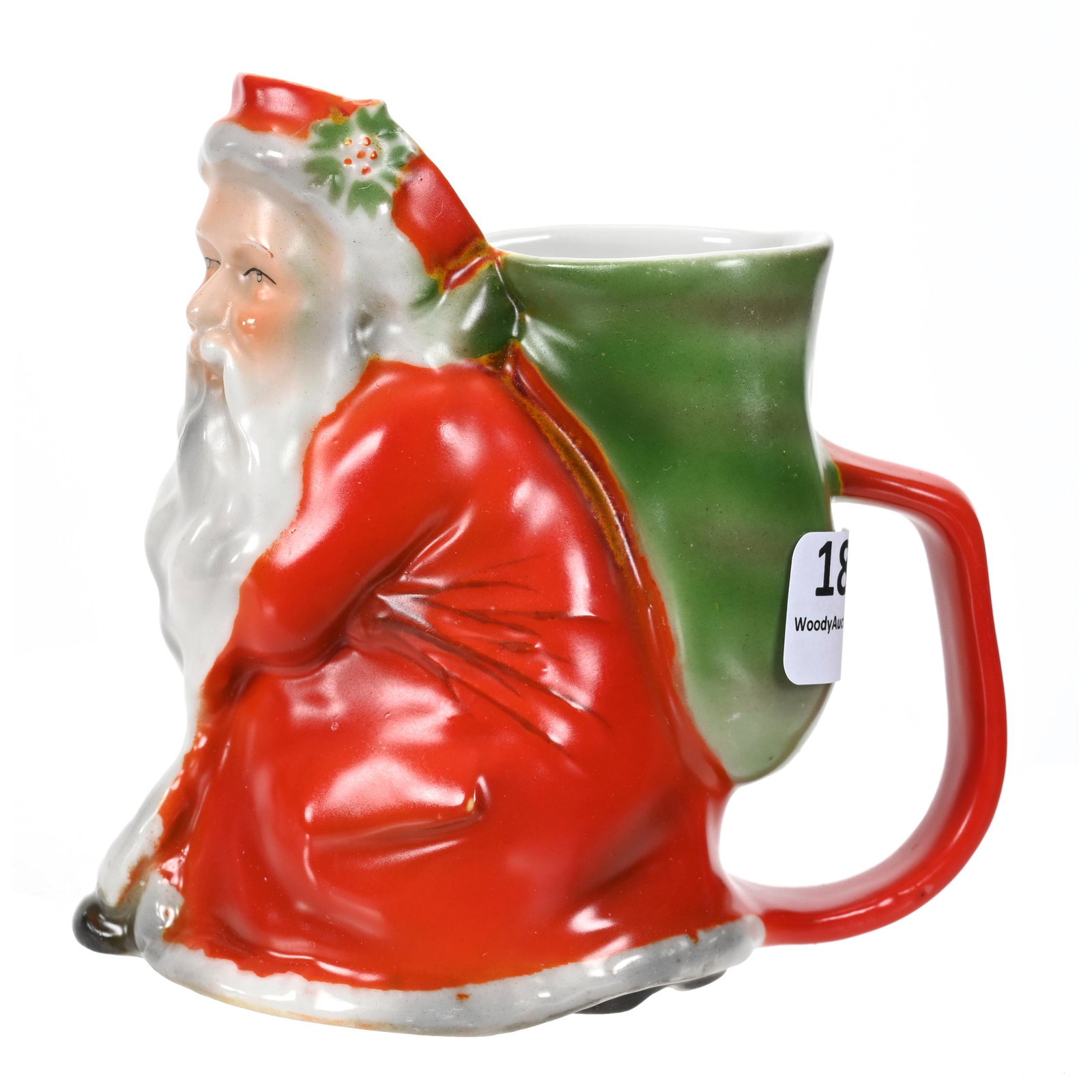 Creamer, Unmarked Royal Bayreuth: Creamer, Unmarked Royal Bayreuth, 4.25" x 4", Red Santa, Attached Handle, Bob Gollmar Estate.
