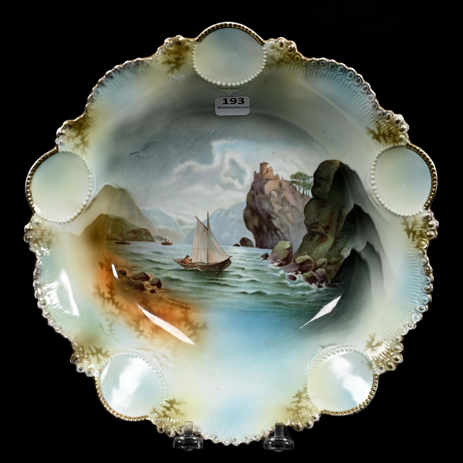 Bowl Marked R.S. Prussia, Medallion Mold: Bowl Marked R.S. Prussia, Medallion Mold, 10.5", Old Man In Mountain Scenic Decor, Green And Blue Tones, Iowa Private Collection.