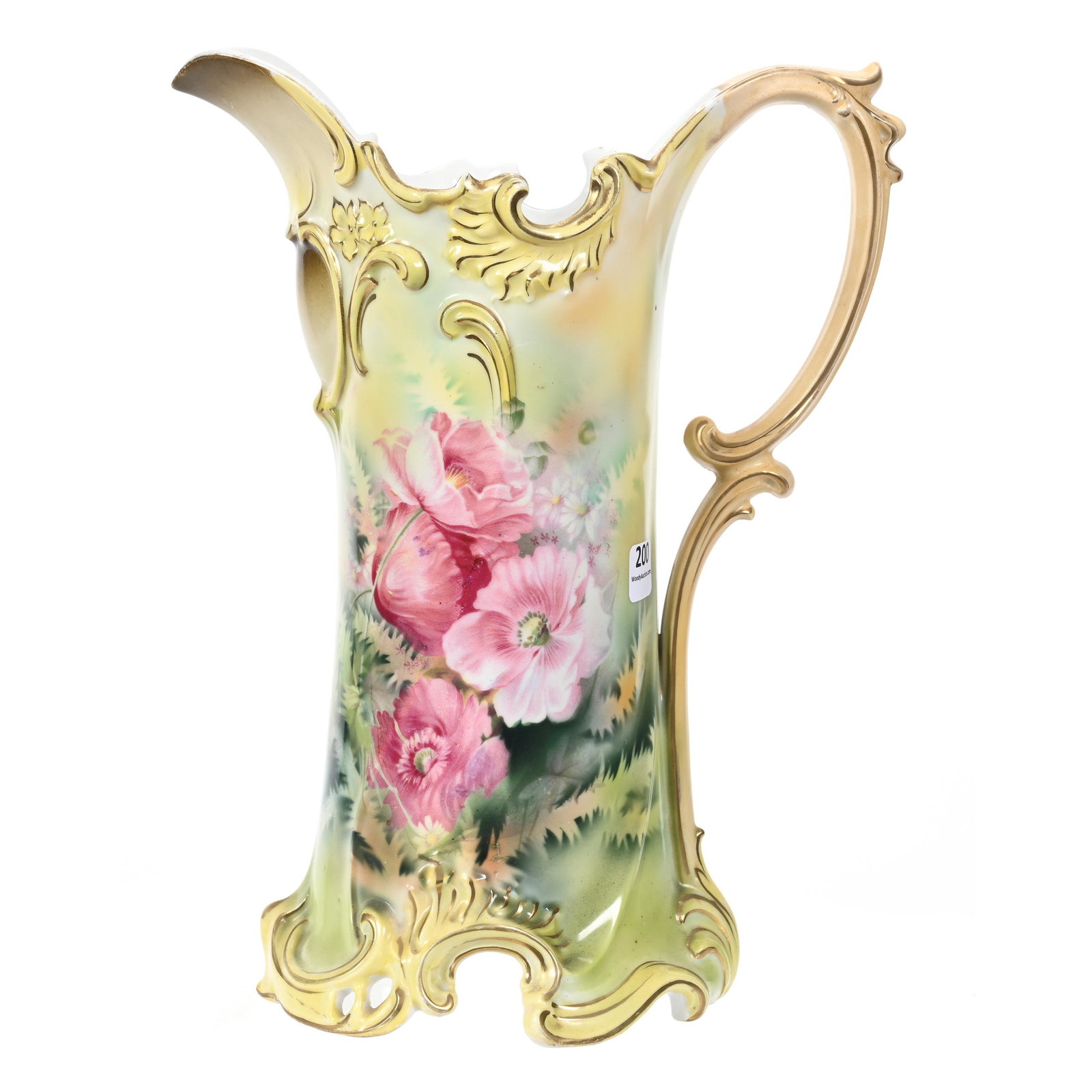 Tankard Marked R.S. Prussia: Tankard Marked R.S. Prussia, 11.75" x 8.75", Green And Yellow Tones, Pink Poppy Decor, Pierced Base, Bob Gollmar Estate.