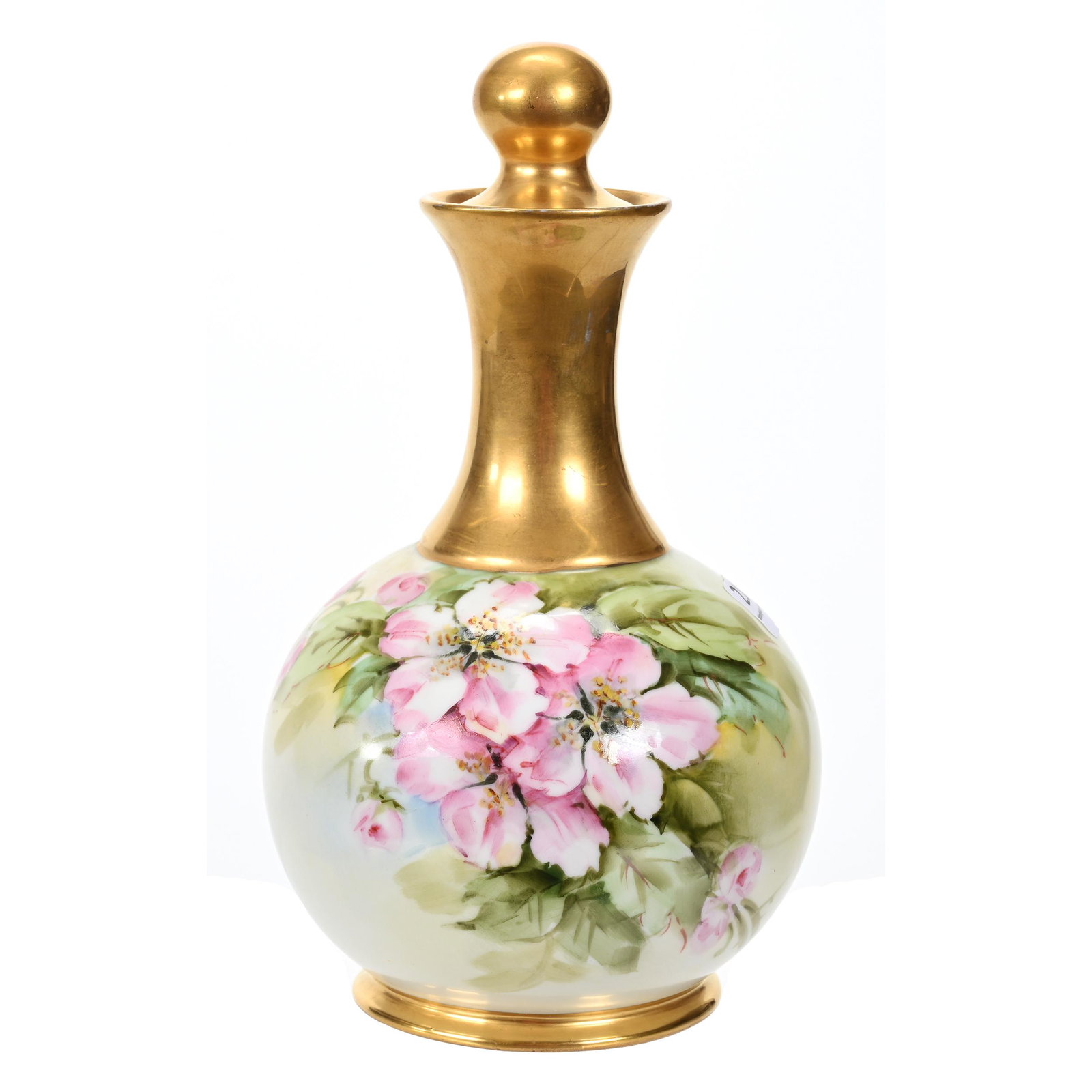 Decanter Marked France, Limoges Blank: Decanter Marked France, Limoges Blank, 9" x 5", Hand Painted Pink Floral Blossom Decor, Heavy Gold Trim, Original Stopper, Alan B. Reed Estate, Author Of Collector's Encyclopedia Of Pickard China.