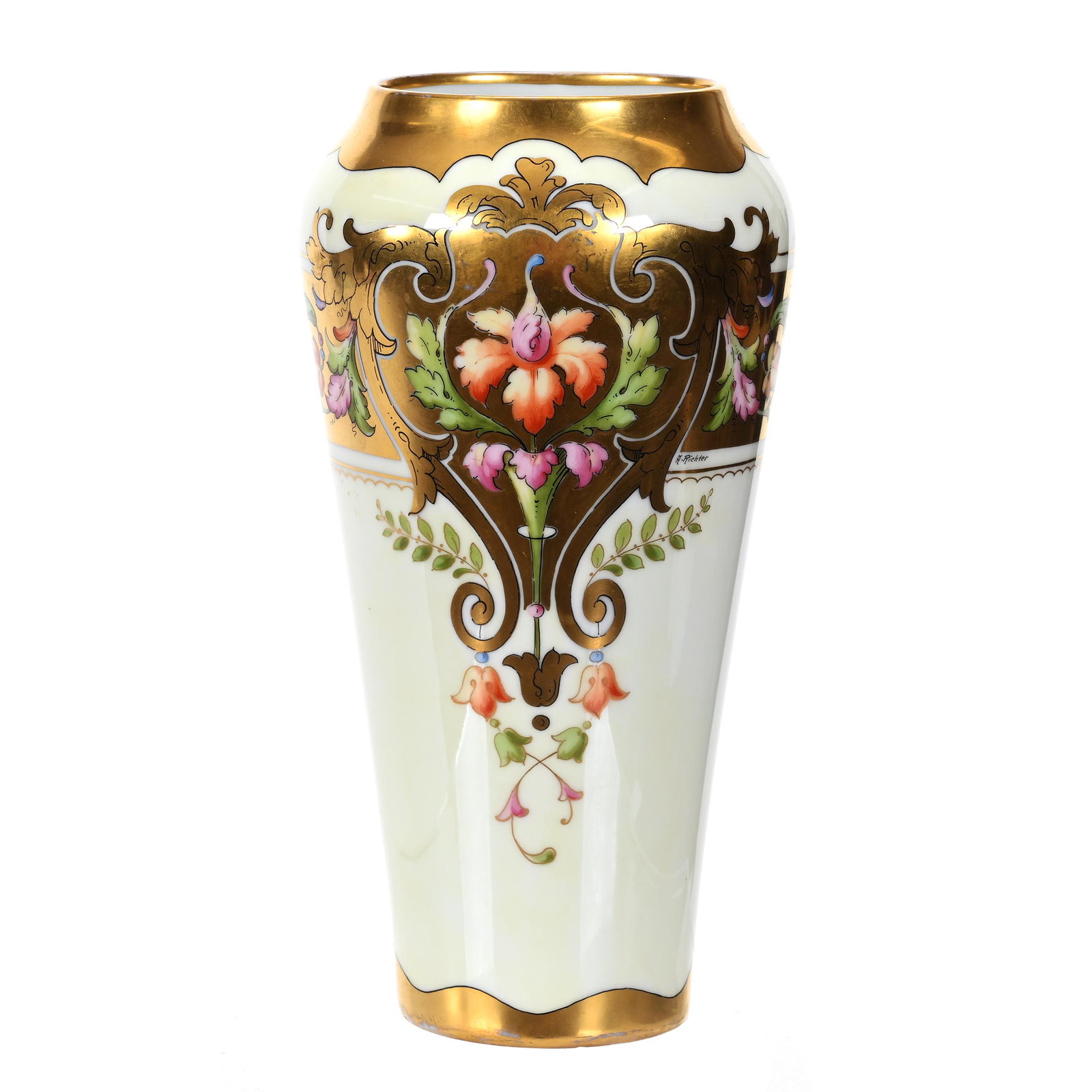 Vase Marked Pickard: Vase Marked Pickard, 9.5" x 4.75", Light Yellow Lustre Ground With Colorful Floral And Heavy Gold Trim Highlights, Artist Signed A. Richter, Alan B. Reed Estate, Author Of Collector's Encyclopedia Of 