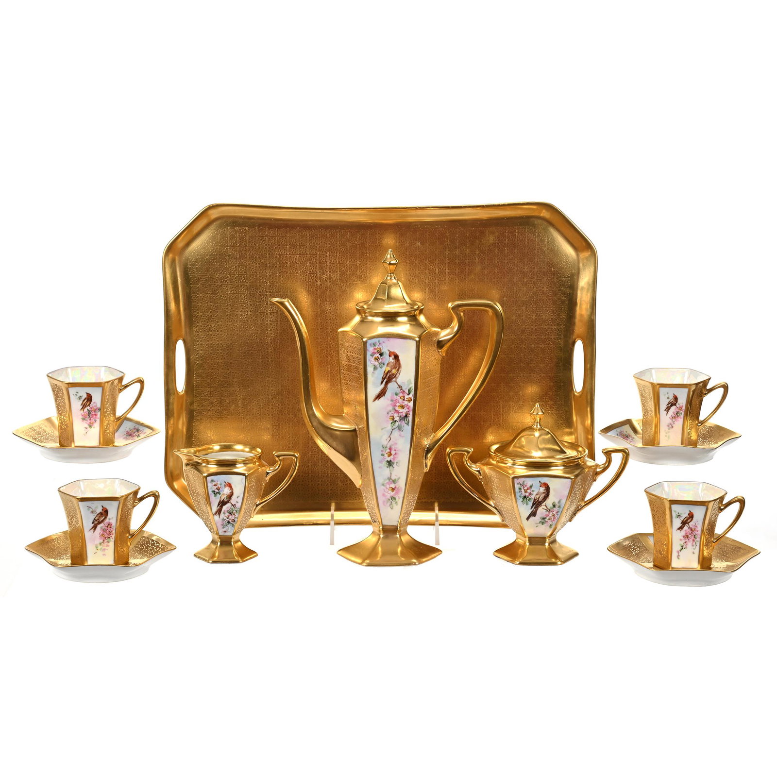 Colonial Coffee Service: Colonial Coffee Service, Panel Design With Bird, Branch And Blossom Decor, All Over Gold Design, Set Includes (1) 10.5" Coffee Pot With Matching Creamer, Sugar, Finials Repaired, (4) Cups And Saucers,