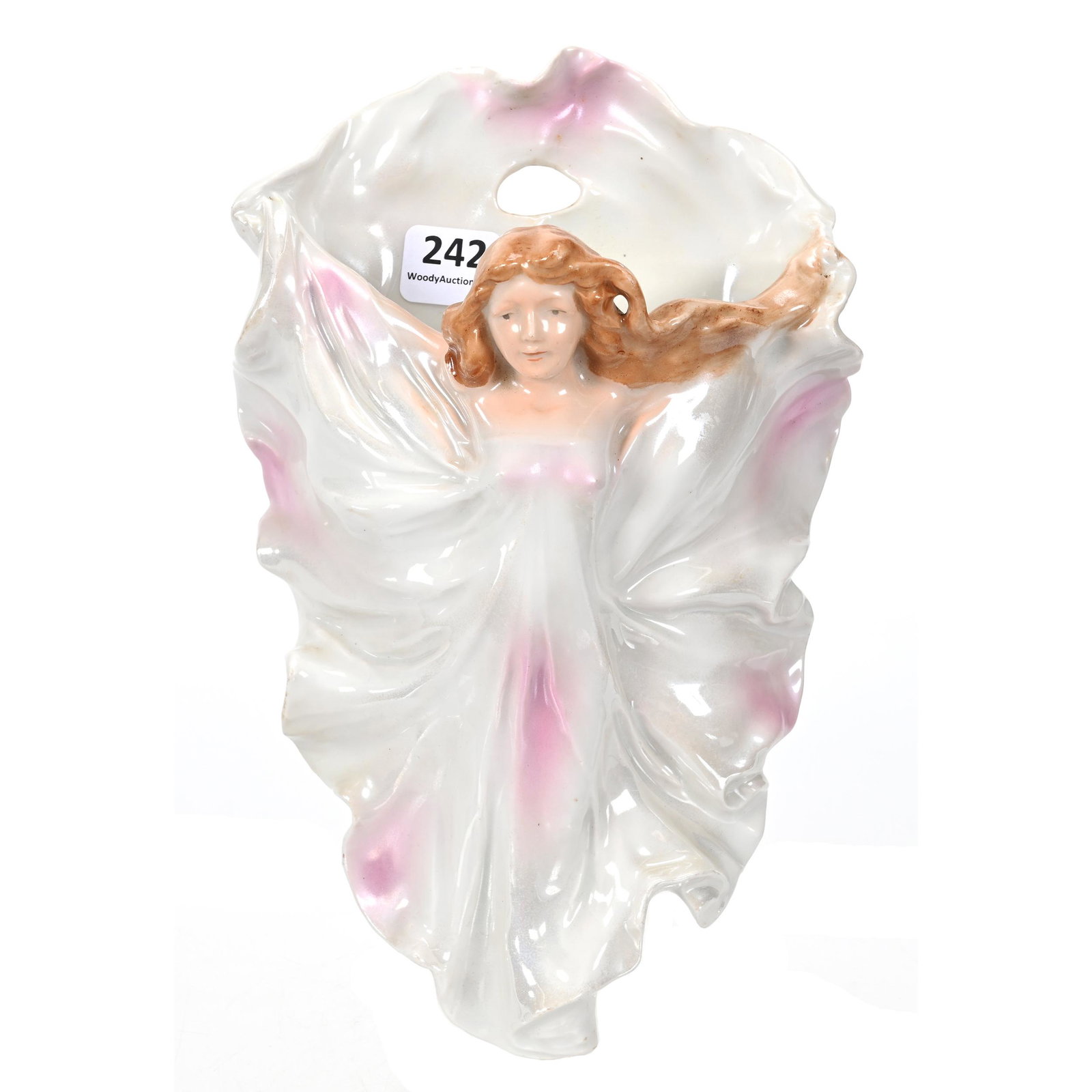 Wall Pocket Marked Royal Bayreuth: Wall Pocket Marked Royal Bayreuth, 8.75" x 5.75", Art Nouveau Lady In Drape, Pink And White Luster Finish, Repaired Hairline On Backside, Bob Gollmar Estate.
