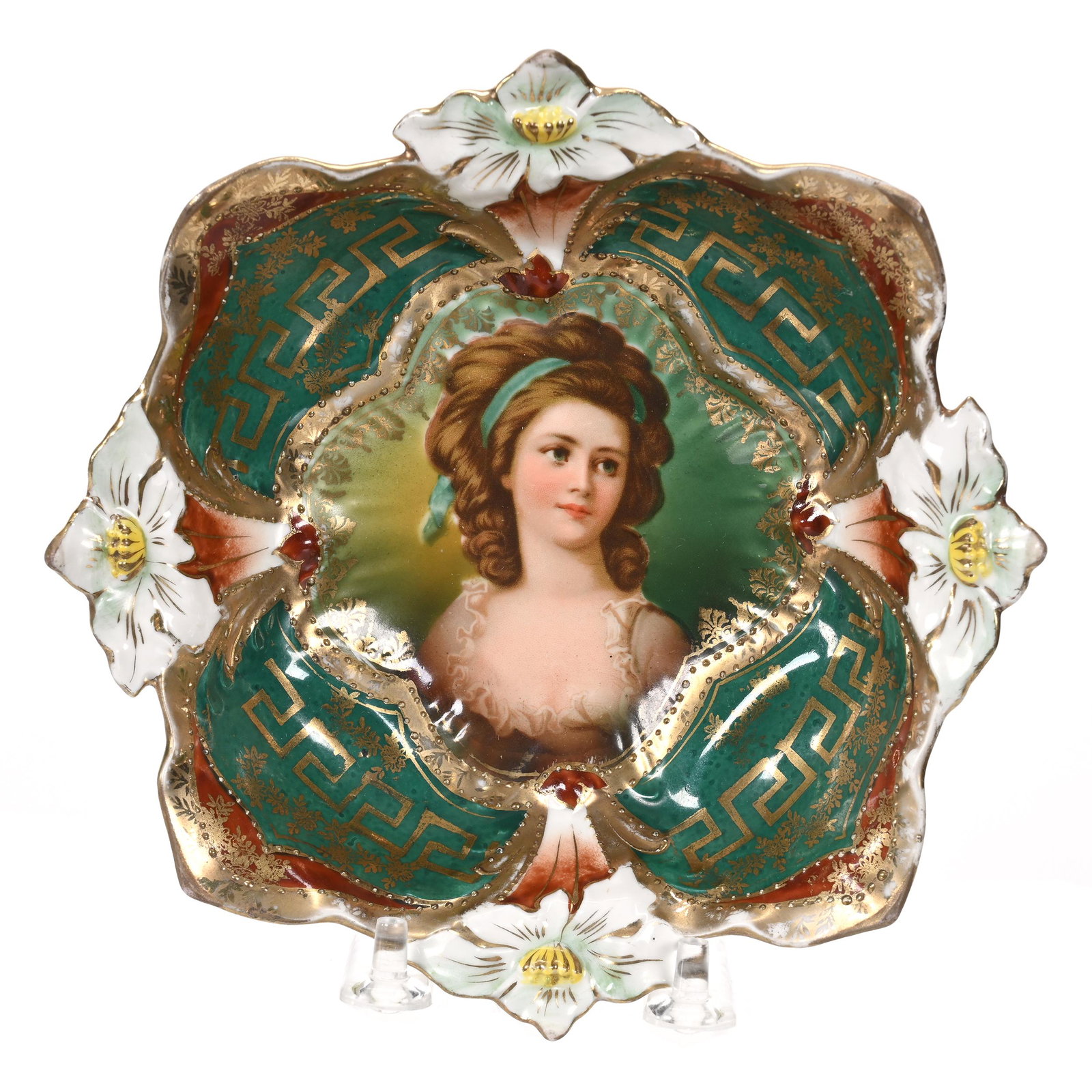 Footed Bowl, Unmarked Prussia: Footed Bowl, Unmarked Prussia, 6.5", Lily Mold, Potacka Portrait, Green Ground, Border With Gold Stencil Highlights, Bob Gollmar Estate.