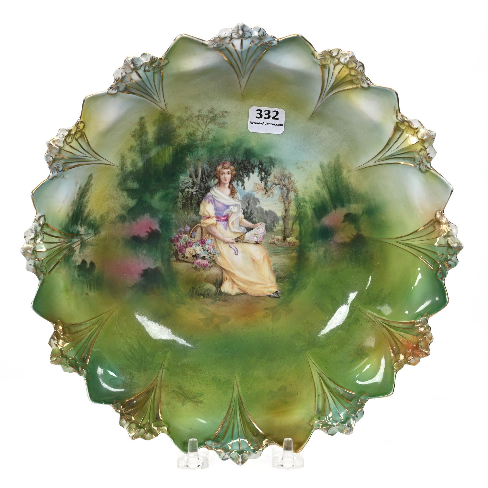 Bowl, Unmarked R.S.Prussia: Bowl, Unmarked R.S. Prussia, 10", Sawtooth Mold, Scene Of Woman Seated, Holding Fan, Green Tones, Bob Gollmar Estate.