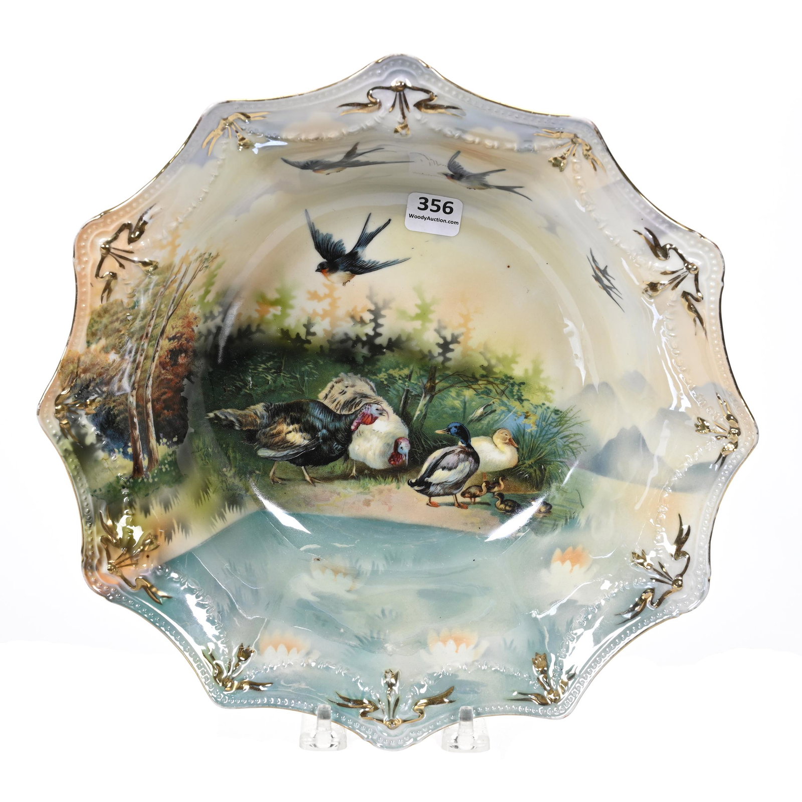 Bowl Marked R.S. Prussia: Bowl Marked R.S. Prussia, 11", Swag And Tassel Mold, Bluebird, Turkey And Duck Scenic Decor, Bob Gollmar Estate.