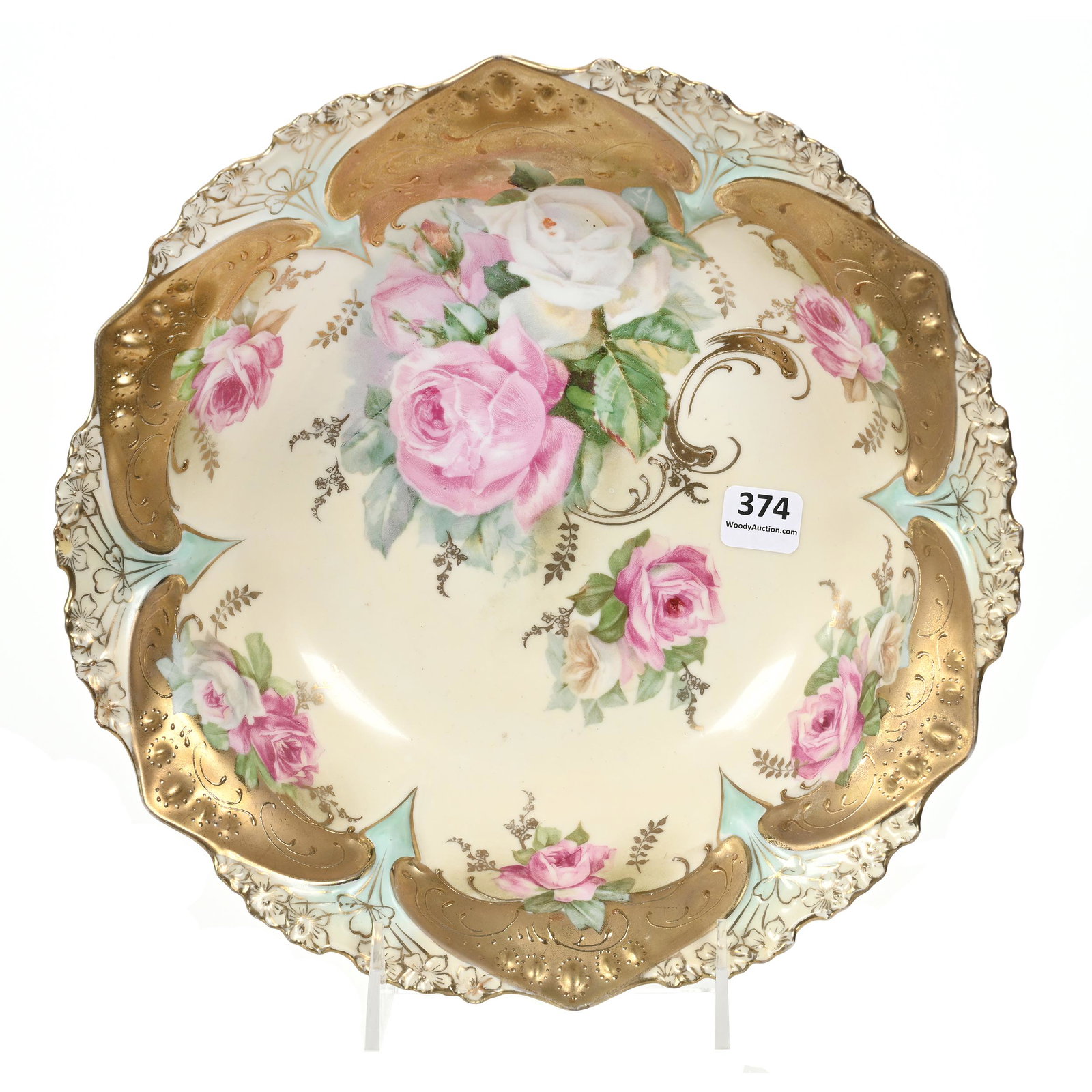 Bowl Marked R.S. Prussia: Bowl Marked R.S. Prussia, 10.25", Point And Clover Mold, Cream And Green Tones, Heavy Gold Domes, Pink And White Rose Decor, Bob Gollmar Estate.
