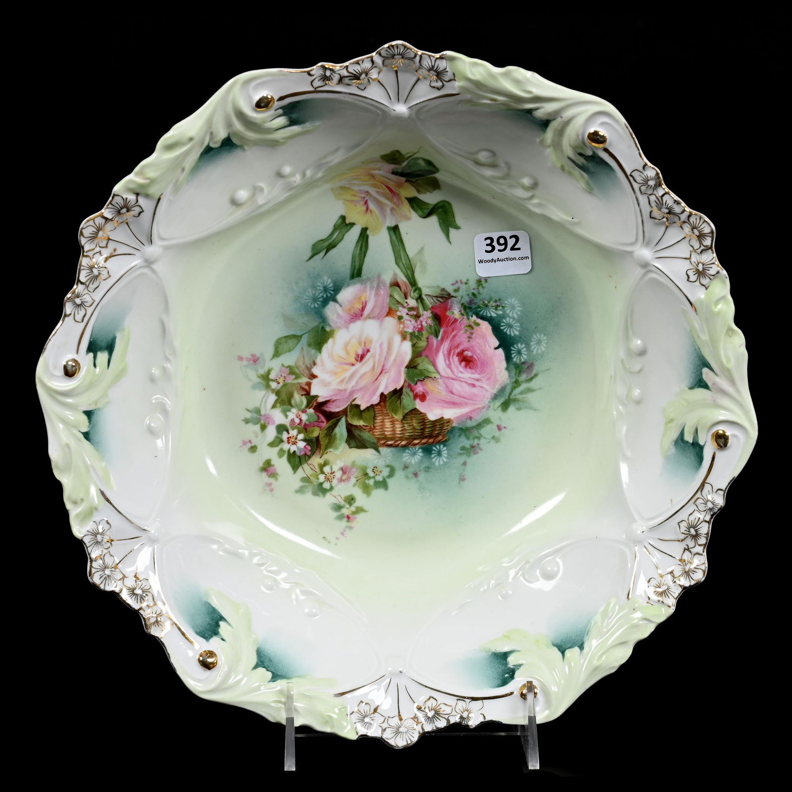 Bowl Marked R.S. Prussia: Bowl Marked R.S. Prussia, 11", Floral Mold, Green And White Tones, Hanging Basket Decor, Bob Gollmar Estate.