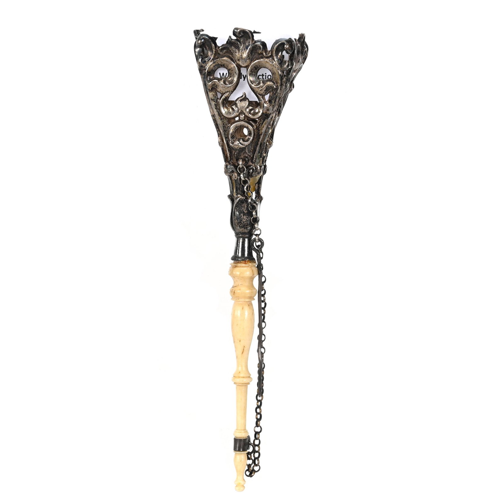 Vintage Victorian Bouquet Holder: Vintage Victorian Bouquet Holder, 4.75" x 1", Bone Type Handle With Embossed Silver Holder, Original Chain And Stick Pin, Alan B. Reed Estate, Author Of Collector's Encyclopedia Of Pickard China.