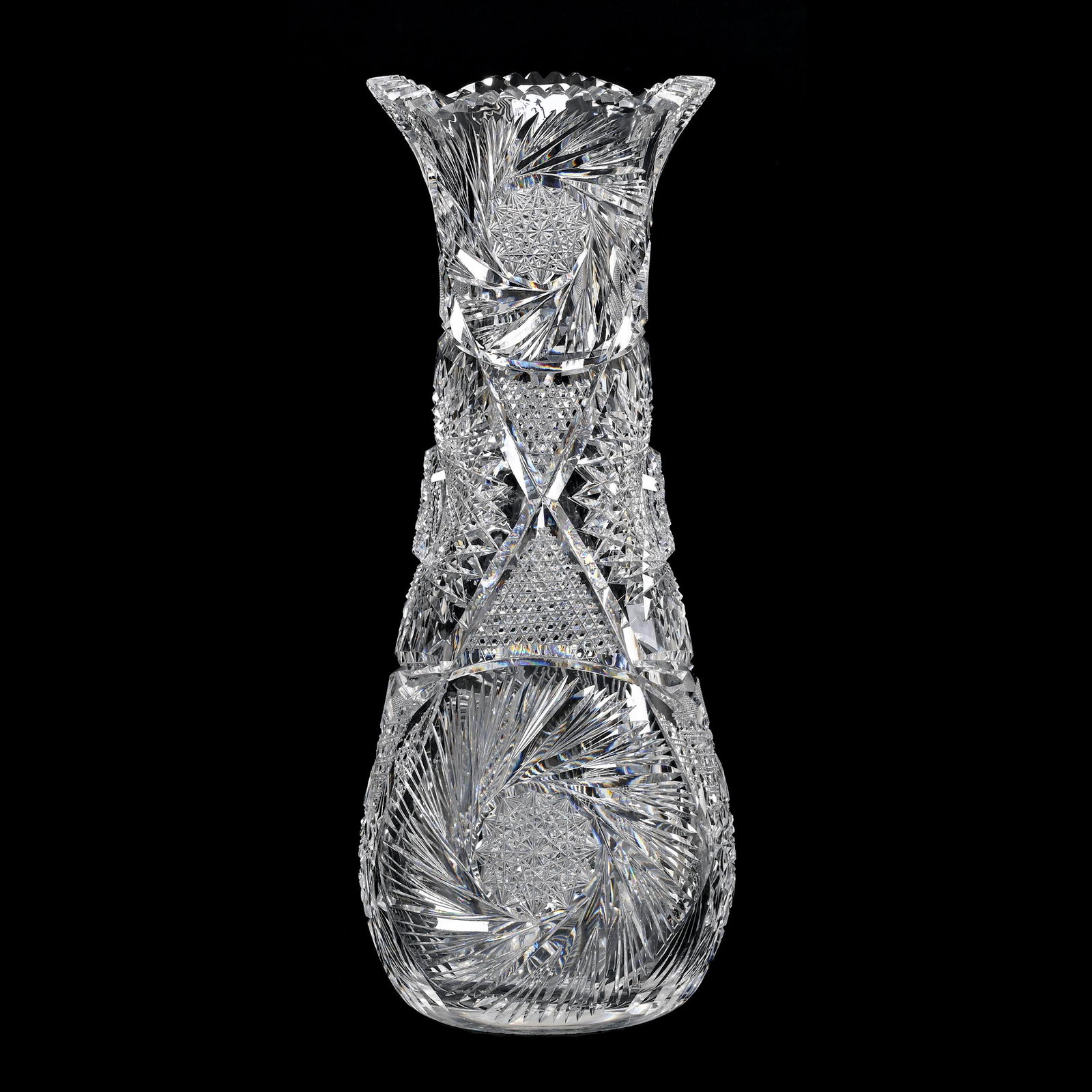 Vase, American Brilliant Cut Glass,: Vase, American Brilliant Cut Glass, 14.5" x 6", Hobstar, Pinwheel, Nailhead Diamond, Cane, Strawberry Diamond, Crosscut Diamond Motif, From The Collection Of Barbara And The Late Dr. William Shulhof.