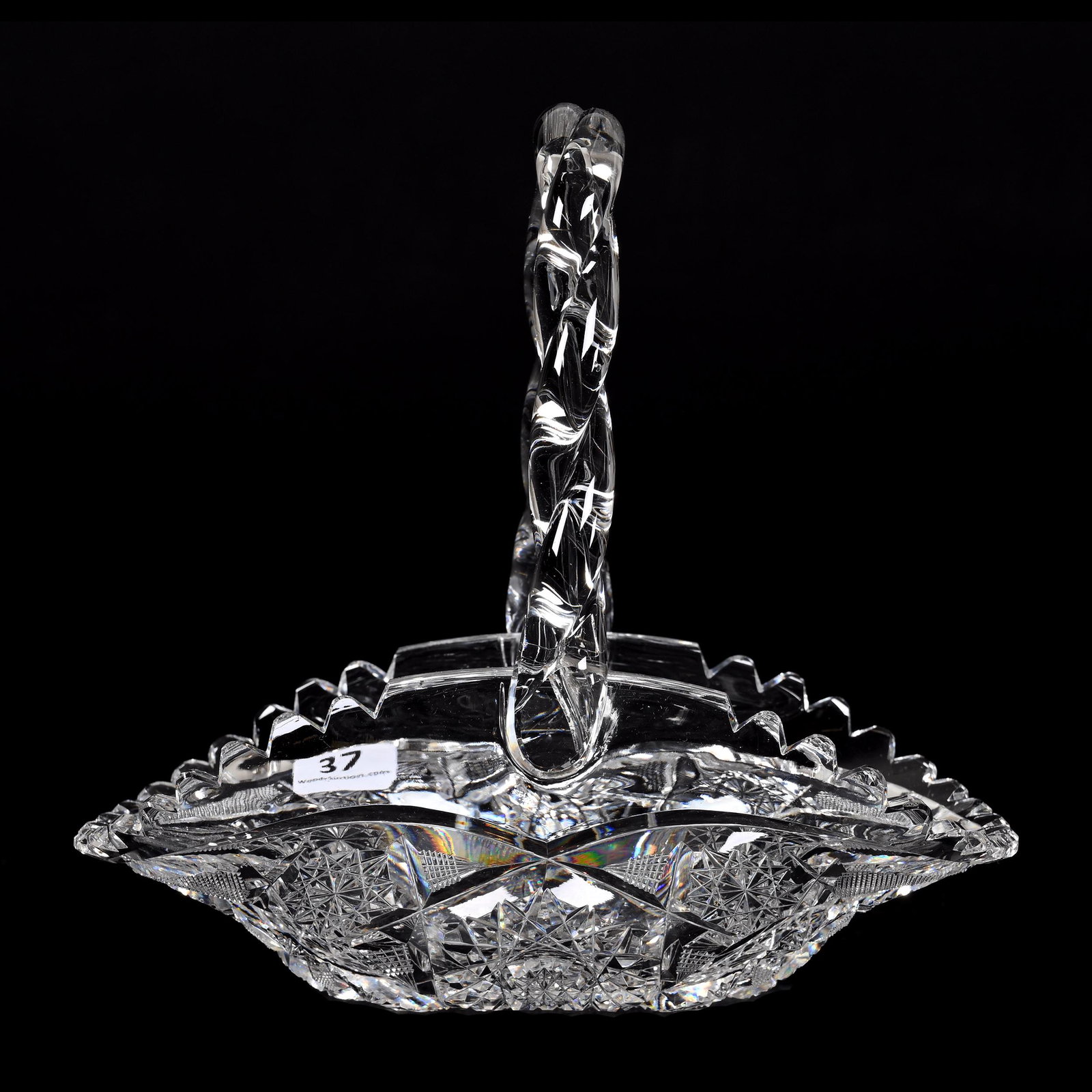 Basket, American Brilliant Cut Glass: Basket, American Brilliant Cut Glass, 7" x 7.5", Flashed Hobstar, Vesica, Hobstar And Strawberry Diamond Motif, Applied Twist Handle, Extra Clear Blank, From The Collection Of Barbara And The Late Dr.