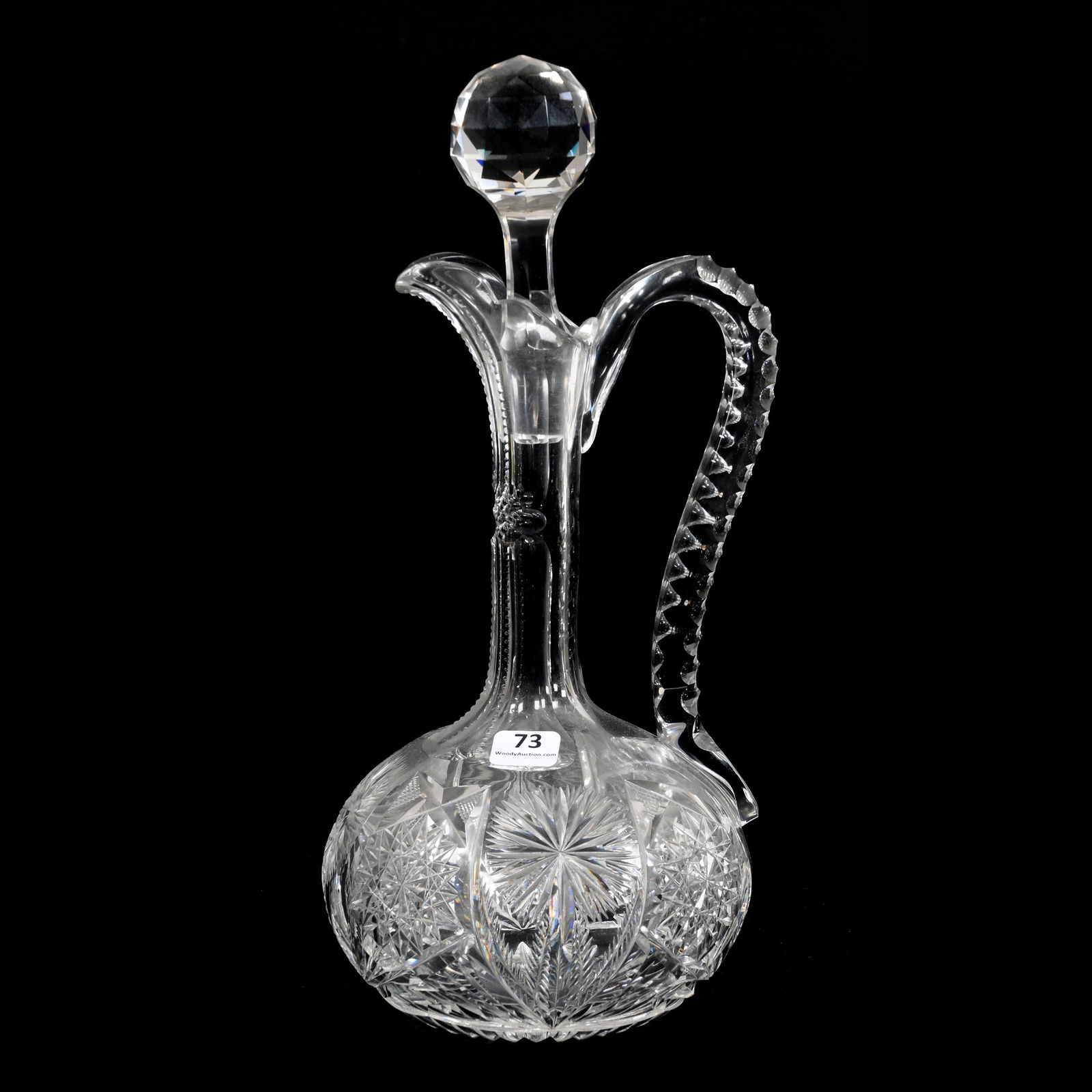 Decanter, ABCG, Palm Pattern By Taylor Brothers: Decanter, American Brilliant Cut Glass, Palm Pattern By Taylor Brothers, 12.75" x 5.75", Triple Notched Handle, Ray Cut Base, Chip On Stopper Plug, Spout Roughness, Pattern Chip, From The Collection O