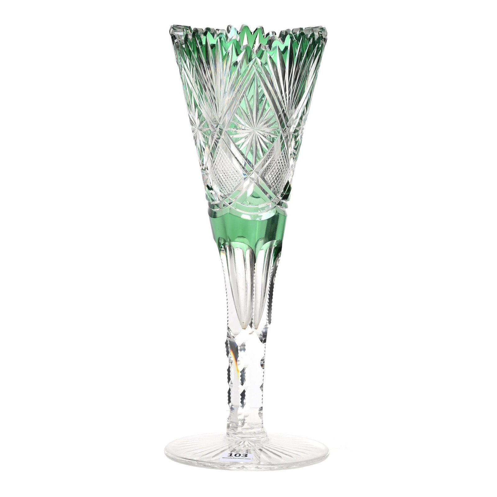 Trumpet Vase, BPCG, Green Cut To Clear: Trumpet Vase, Brilliant Period Cut Glass, Green Cut To Clear, 12" x 4.5", Pattern #1338/7920 By Val St. Lambert, Small Nicks On Top Of Two Teeth, From The Collection Of Barbara And The Late Dr. Willia