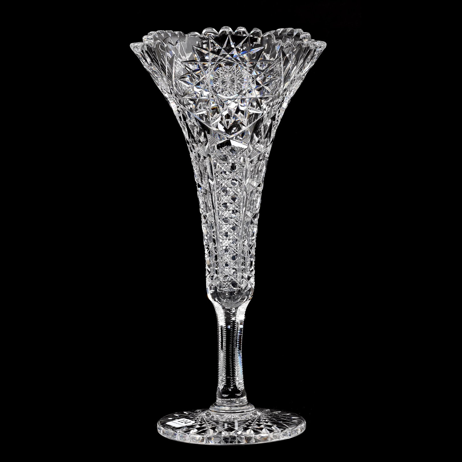 Trumpet Vase, American Brilliant Cut Glass: Trumpet Vase, American Brilliant Cut Glass, 13" x 5.75", Hobstar, Cane, Bullseye, Strawberry Diamond And Fan Motif, Tri-Corner Top, Hobstar Foot, Massachusetts Personal Collection.