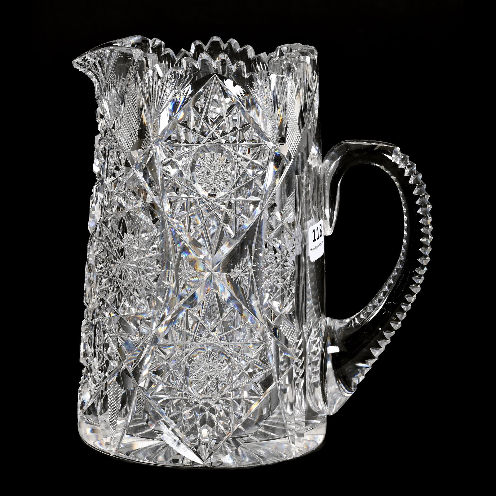 Pitcher, American Brilliant Cut Glass: Pitcher, American Brilliant Cut Glass, 7.75" x 7", Hobstar, Strawberry Diamond, Star And Fan Motif, Notched Handle, Ray Cut Base, From The Collection Of Barbara And The Late Dr. William Shulhof.
