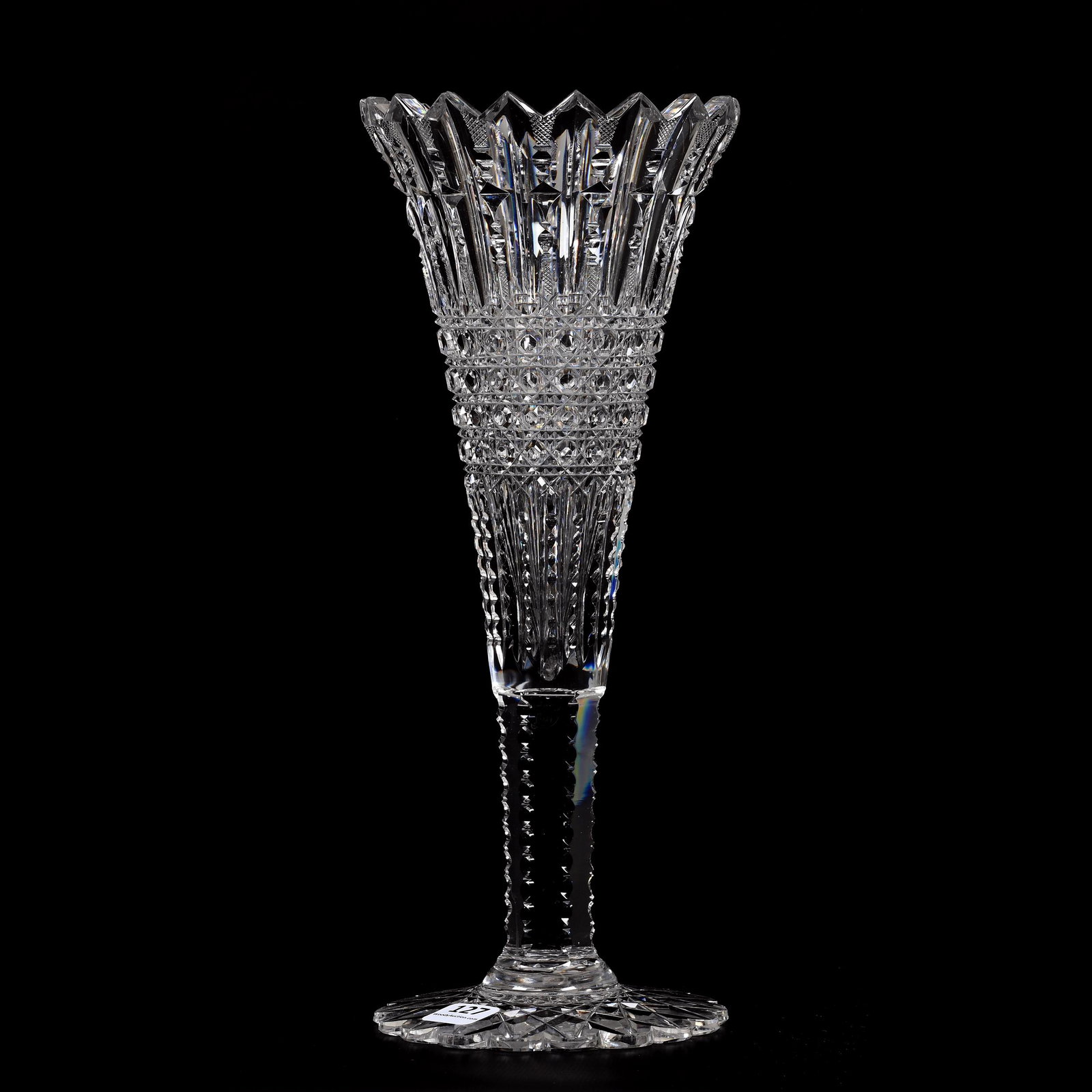 Trumpet Vase, ABCG, Prism Pattern By Libbey: Trumpet Vase, American Brilliant Cut Glass, Prism Pattern By Libbey, 12" x 5", Scalloped Hobstar Foot, Three Teeth With Outside Rim Chips, One Tooth Bruise, From The Collection Of Barbara And The Late