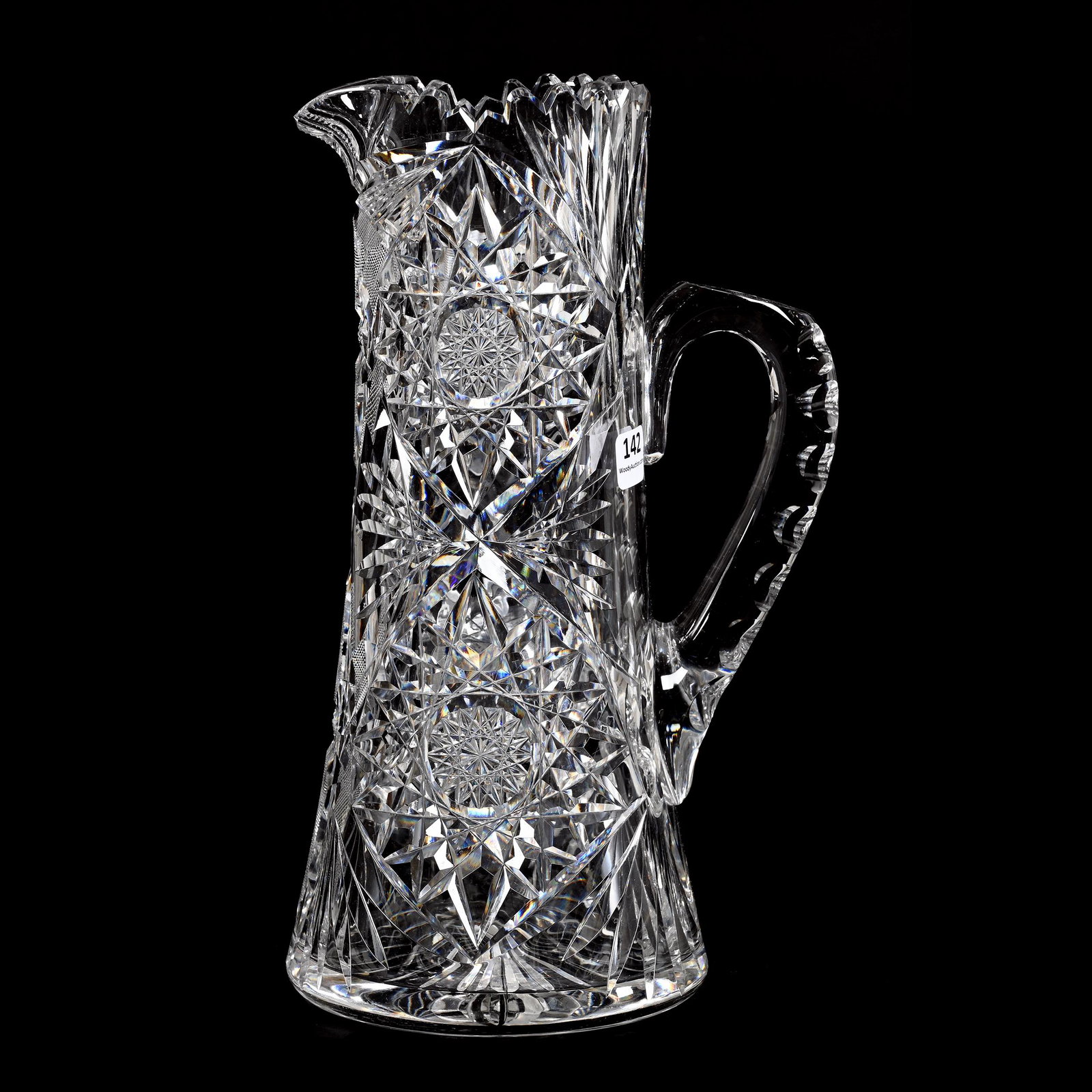 Tankard, American Brilliant Cut Glass: Tankard, American Brilliant Cut Glass, 11.5" x 6.75", Hobstar, Strawberry Diamond And Fan Motif, Double Notched Handle, Ray Cut Base, Spout Chip, From The Collection Of Barbara And The Late Dr. Willia