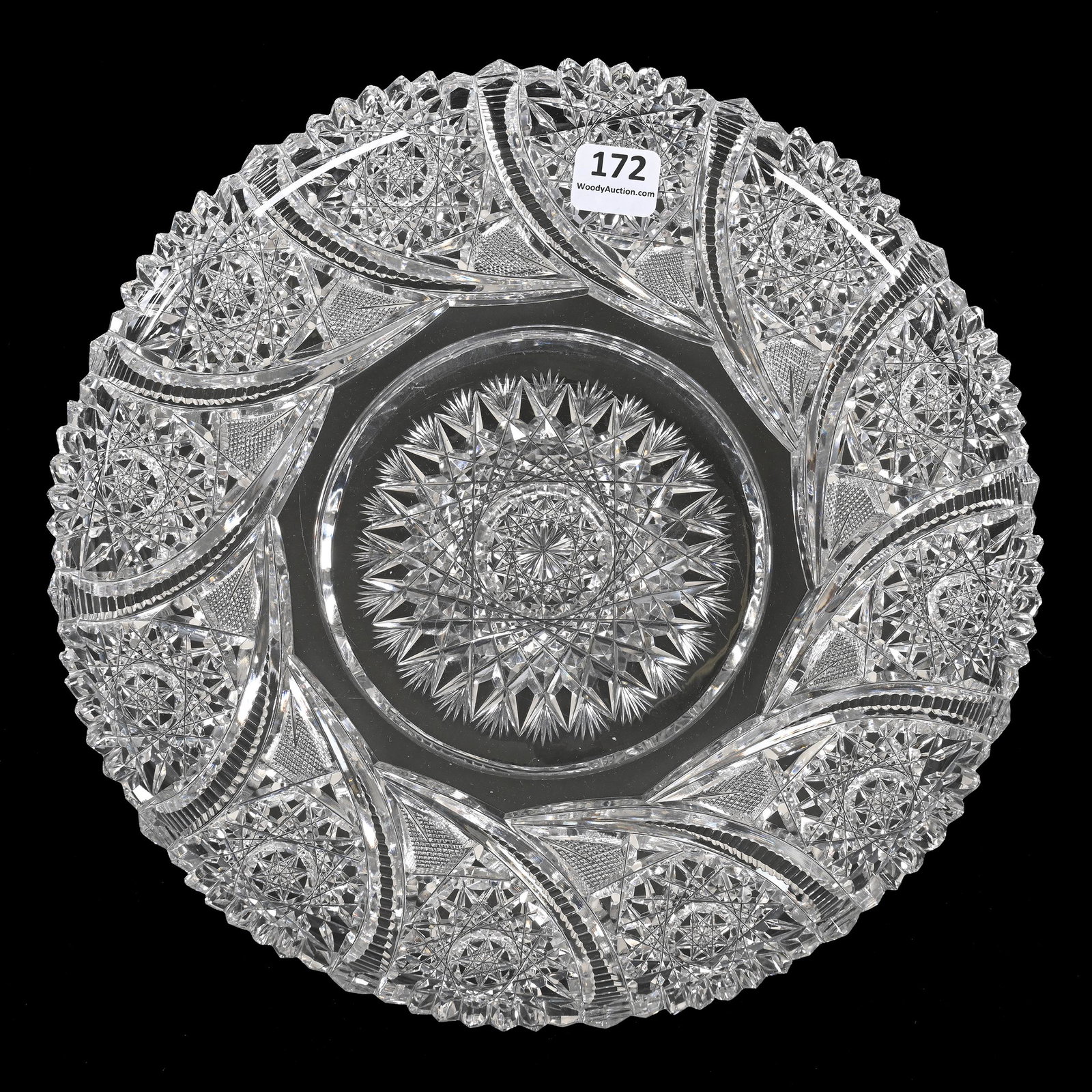 Plate, American Brilliant Cut Glass: Plate, American Brilliant Cut Glass, 9.75", Well Cut Hobstar, Strawberry Diamond And Prism Swirled Border, Wafer Foot With Flashed Hobstar Center, Three Chips On Rim, From The Collection Of Barbara An