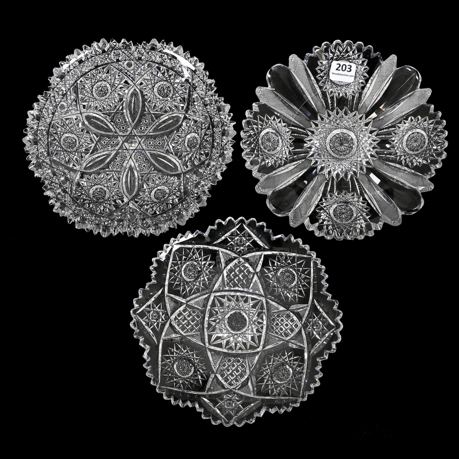 (3) Plates, American Brilliant Cut Glass: (3) Plates, American Brilliant Cut Glass, 7", (1) Hobstar, Strawberry Diamond And Concave Panel, Clear Blank, (1) Propeller Pattern, Marshall Field & Company, (1) Four Sections Of Hobstar, Crosscut Di
