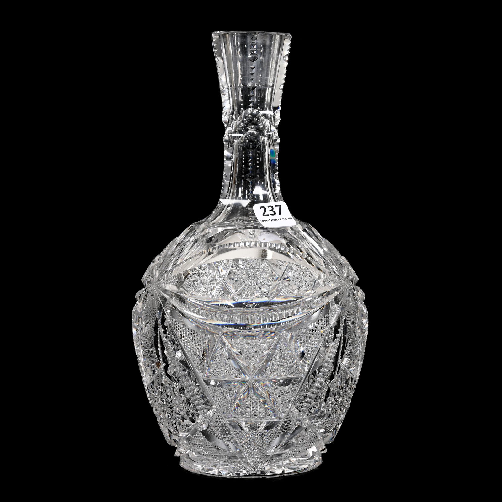 Decanter, ABCG, Circles & Arcs By W.C. Anderson: Decanter, American Brilliant Cut Glass, Circles & Arcs By W.C. Anderson, 9.5" x 5", No Stopper, Patent 1903, Hobstar Base, One Small Surface Chip On Pattern, Massachusetts Personal Collection.