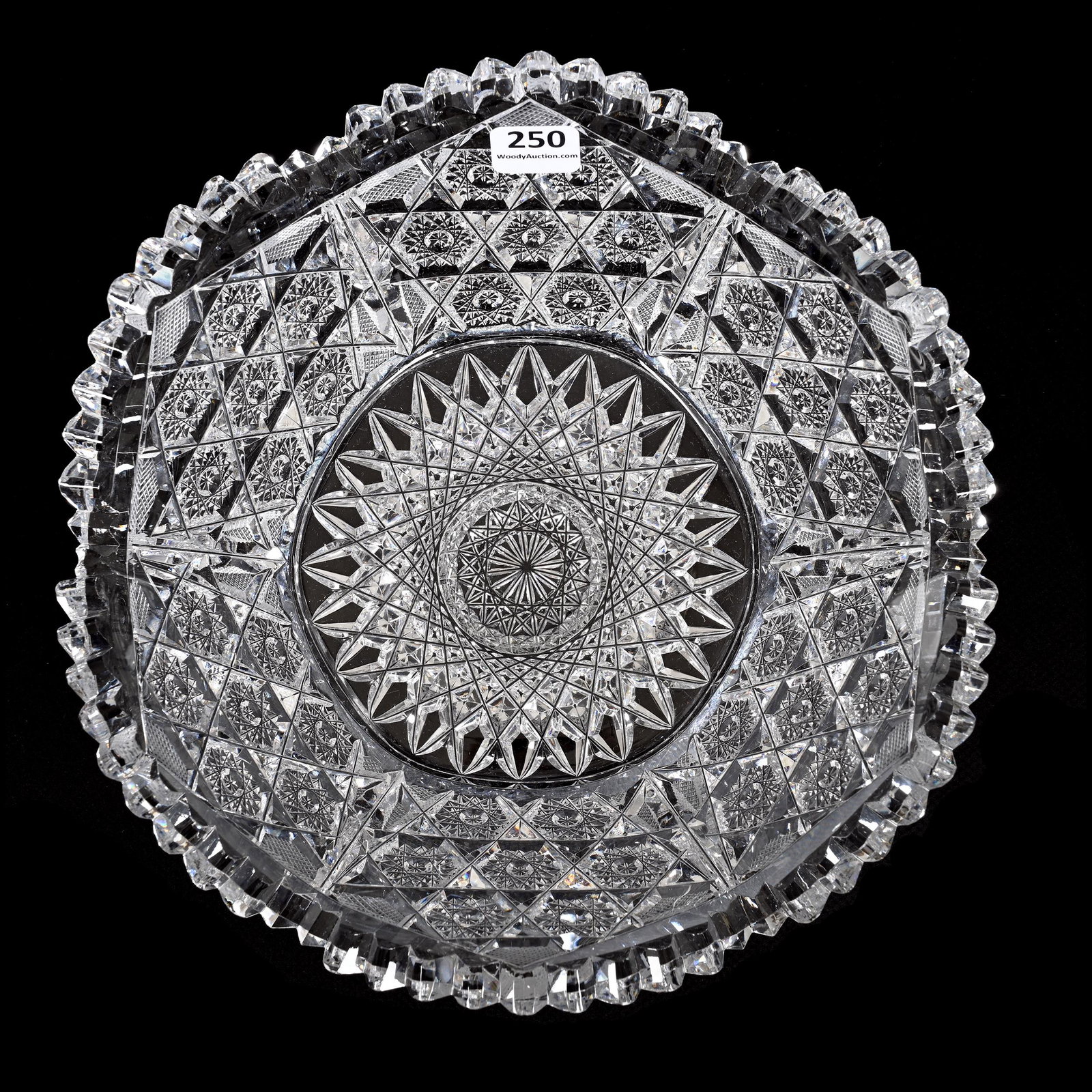 Bowl, American Brilliant Cut Glass, Six-Sided: Bowl, American Brilliant Cut Glass, Six-Sided, 3.5" x 9.25", Large Hobstar Center With Hobstar Cluster Panels, Extra Clear Blank, Tooth Chip, From The Collection Of Barbara And The Late Dr. William Sh