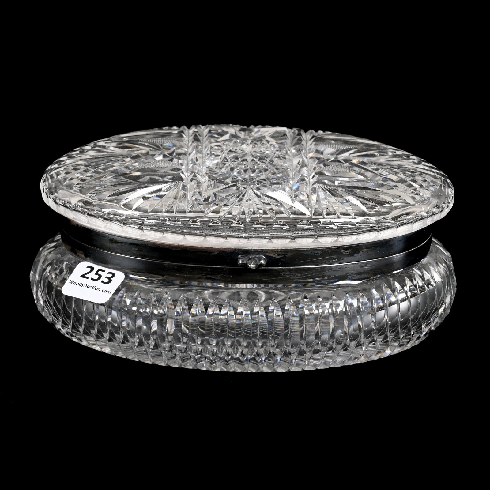 Oval Jewel Box, American Brilliant Cut Glass: Oval Jewel Box, American Brilliant Cut Glass, 3" x 6.75", Flashed Hobstar Lid, Vertical Miter And Ray Cut Base, From The Collection Of Barbara And The Late Dr. William Shulhof.