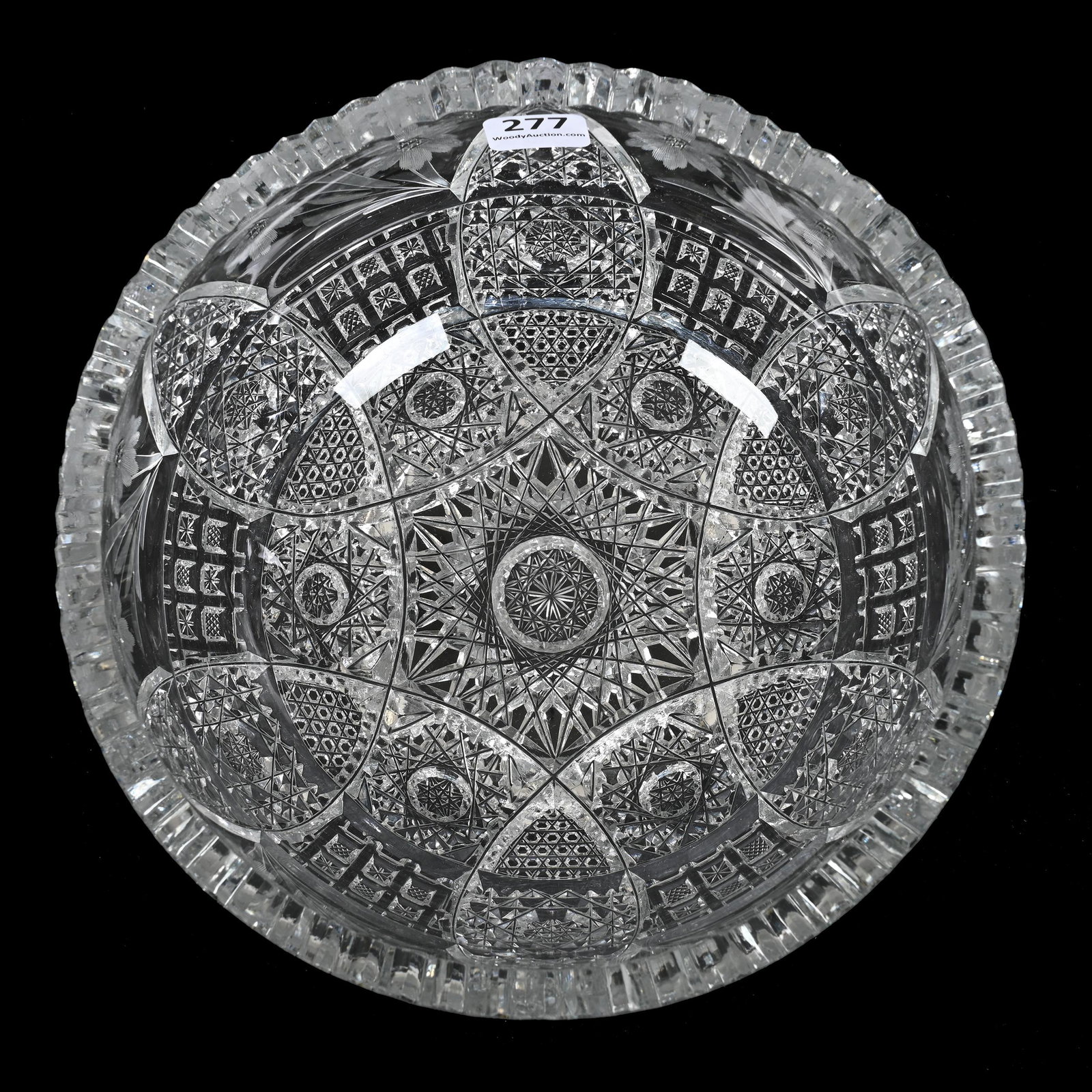 Bowl, Empire, Success Pattern: Bowl, Empire, Success Pattern, American Brilliant Cut Glass, 3.75" x 8", Hobstar, Vesica, Cane, Nailhead Diamond, Block And Engraved Floral Motif, Tooth Chips, From The Collection Of Barbara And The L