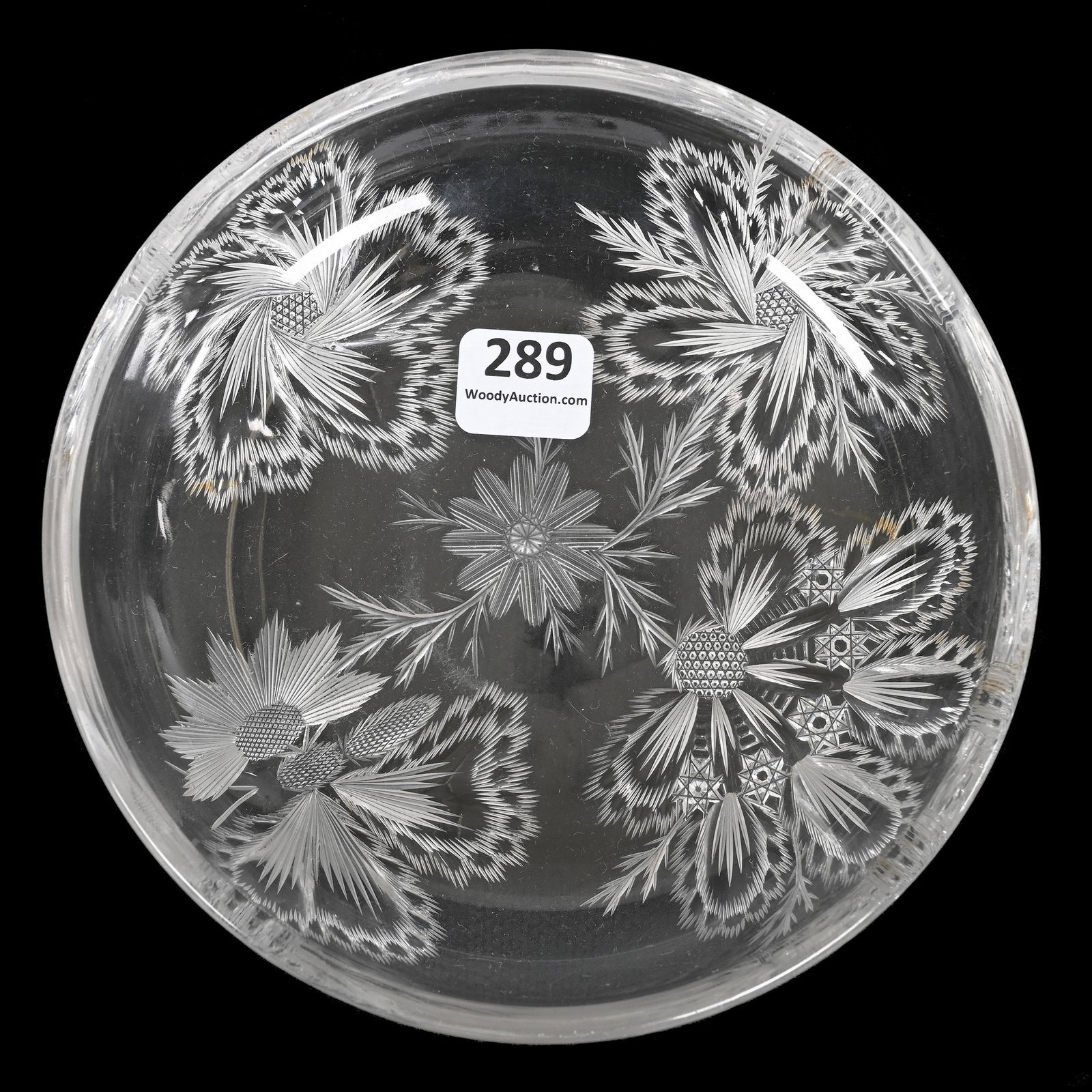 "Sampler" Bowl, ABCG: Sampler Bowl, American Brilliant Cut Glass, 1.5" x 6.25", Features Five Different Engraved Floral Designs With A Butterfly, Uncut Rim, From The Collection Of Barbara And The Late Dr. William Shulhof.