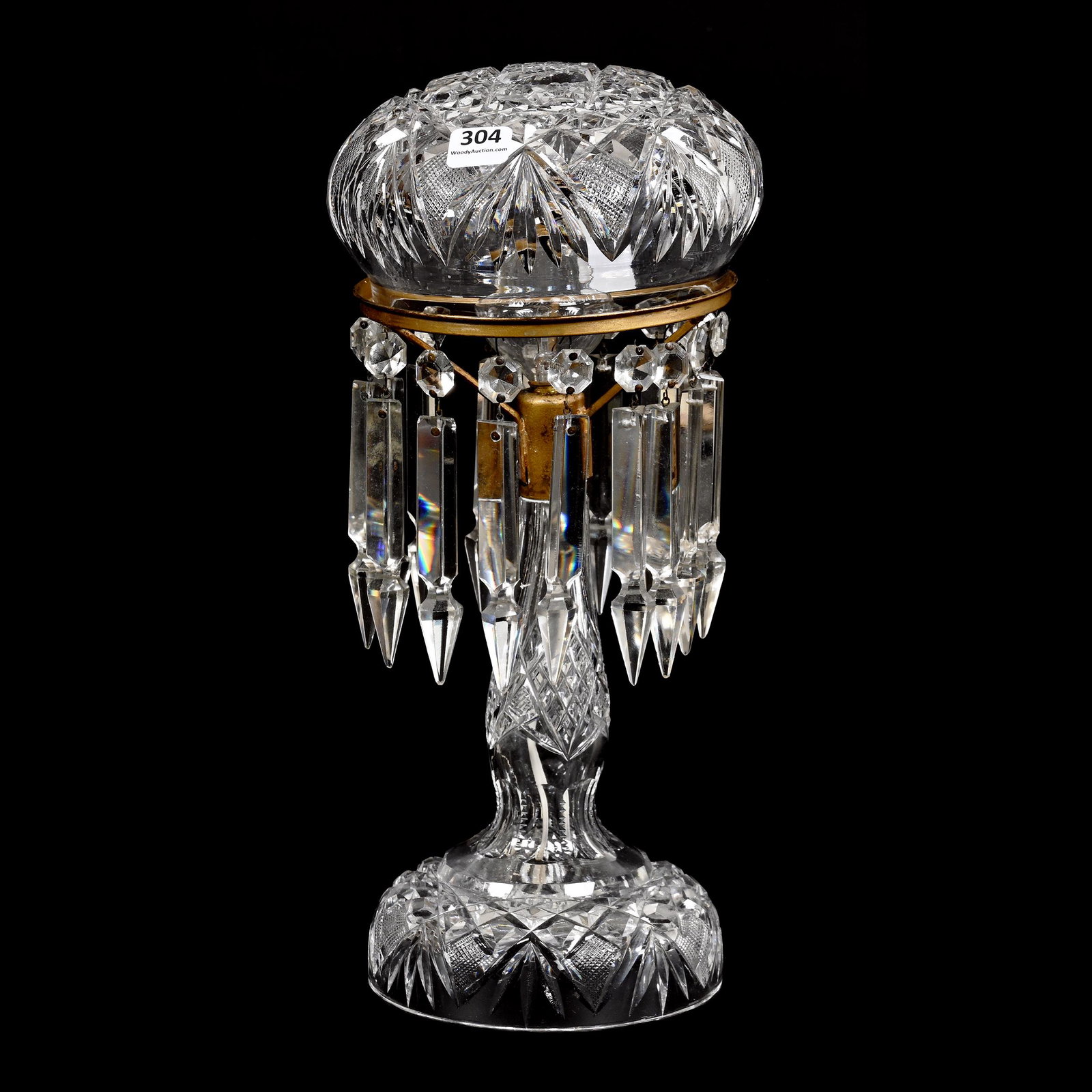 Boudoir Lamp, American Brilliant Cut Glass: Boudoir Lamp, American Brilliant Cut Glass, 13.5" x 6", Hobstar, Strawberry Diamond And Fan Motif, Single Bulb, Electrified, From The Collection Of Barbara And The Late Dr. William Shulhof.